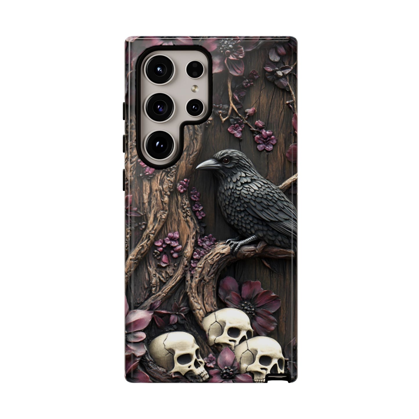 Raven and Skulls Phone Case - Gothic Faux Wood Phone Cases for iPhone 16 15 14 13 12 11, Samsung Galaxy & Google Pixel