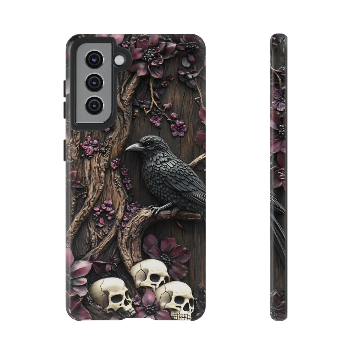 Raven and Skulls Phone Case - Gothic Faux Wood Phone Cases for iPhone 16 15 14 13 12 11, Samsung Galaxy & Google Pixel