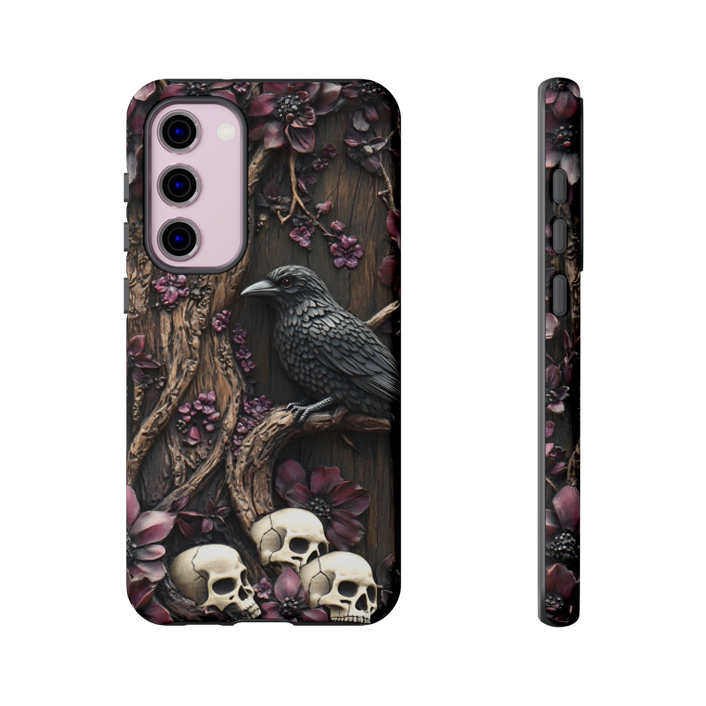 Raven and Skulls Phone Case - Gothic Faux Wood Phone Cases for iPhone 16 15 14 13 12 11, Samsung Galaxy & Google Pixel