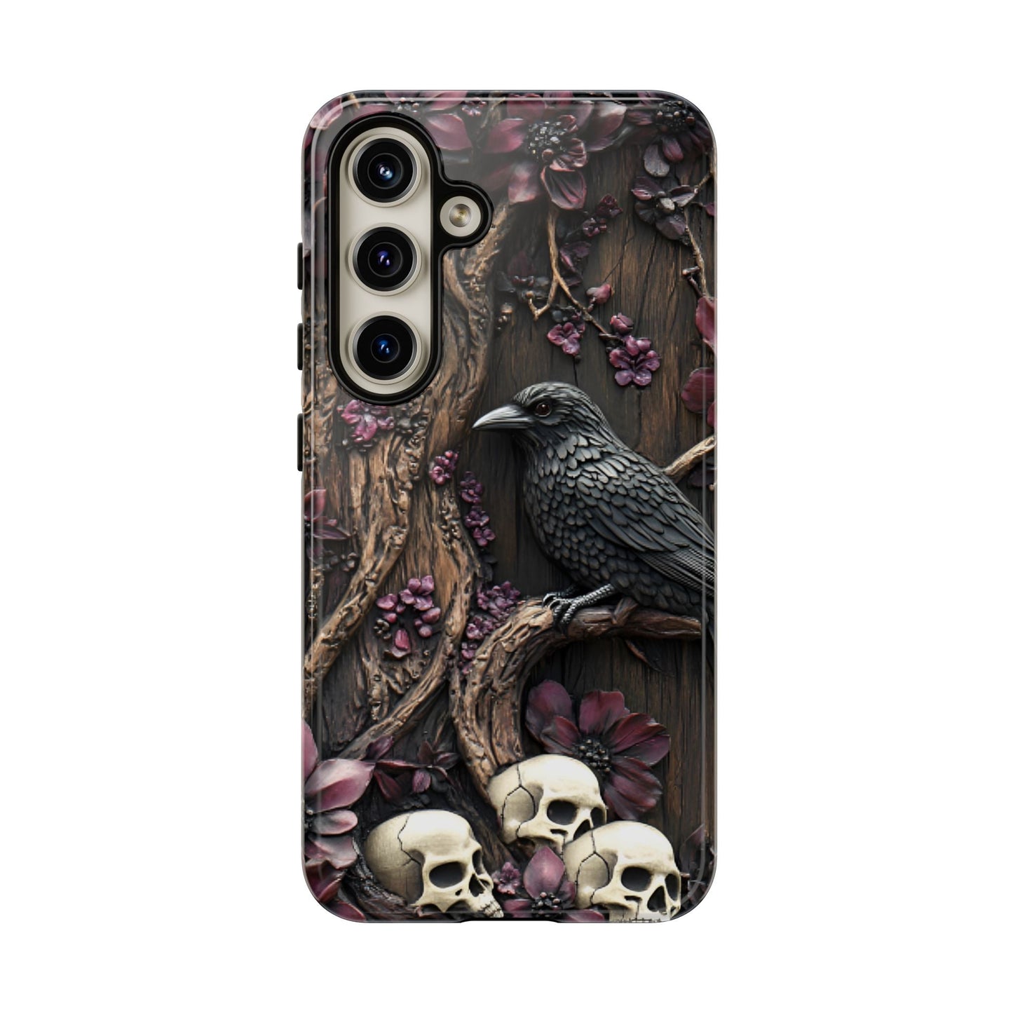 Raven and Skulls Phone Case - Gothic Faux Wood Phone Cases for iPhone 16 15 14 13 12 11, Samsung Galaxy & Google Pixel