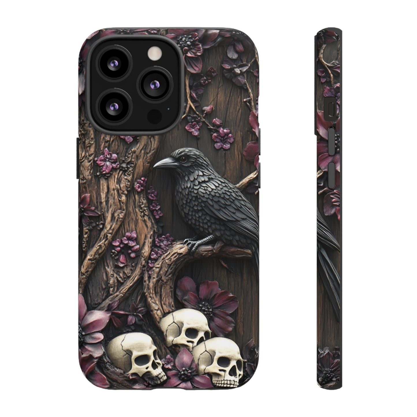 Raven and Skulls Phone Case - Gothic Faux Wood Phone Cases for iPhone 16 15 14 13 12 11, Samsung Galaxy & Google Pixel