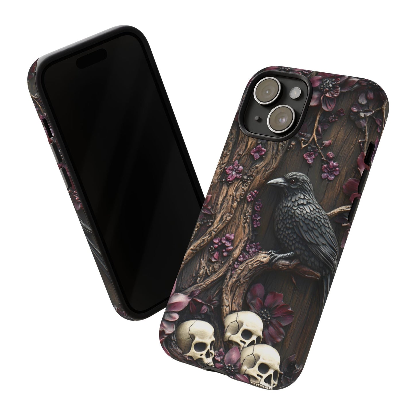 Raven and Skulls Phone Case - Gothic Faux Wood Phone Cases for iPhone 16 15 14 13 12 11, Samsung Galaxy & Google Pixel