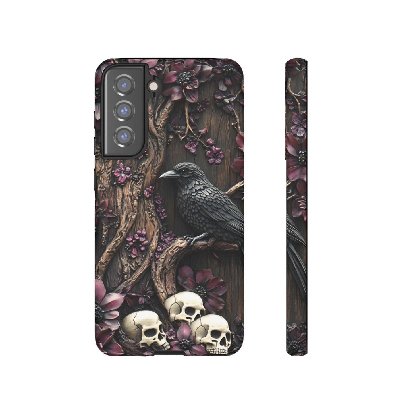 Raven and Skulls Phone Case - Gothic Faux Wood Phone Cases for iPhone 16 15 14 13 12 11, Samsung Galaxy & Google Pixel