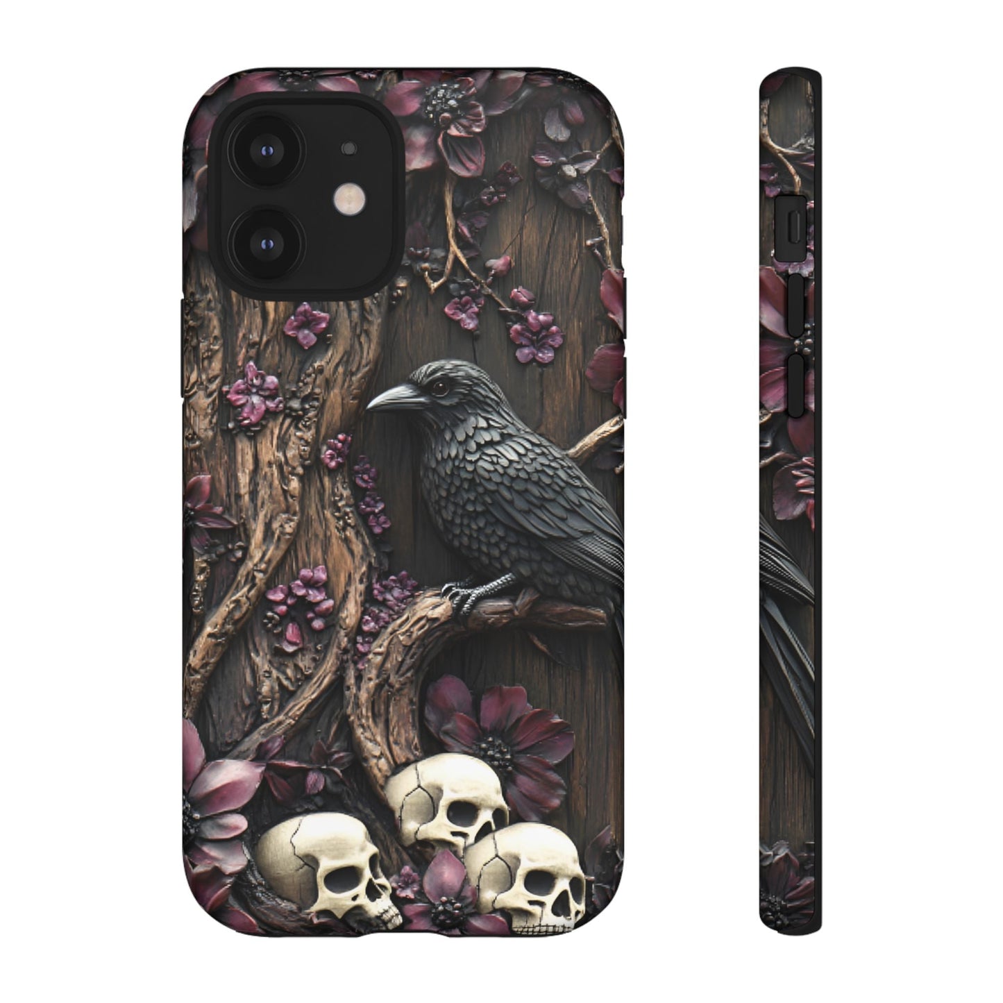 Raven and Skulls Phone Case - Gothic Faux Wood Phone Cases for iPhone 16 15 14 13 12 11, Samsung Galaxy & Google Pixel