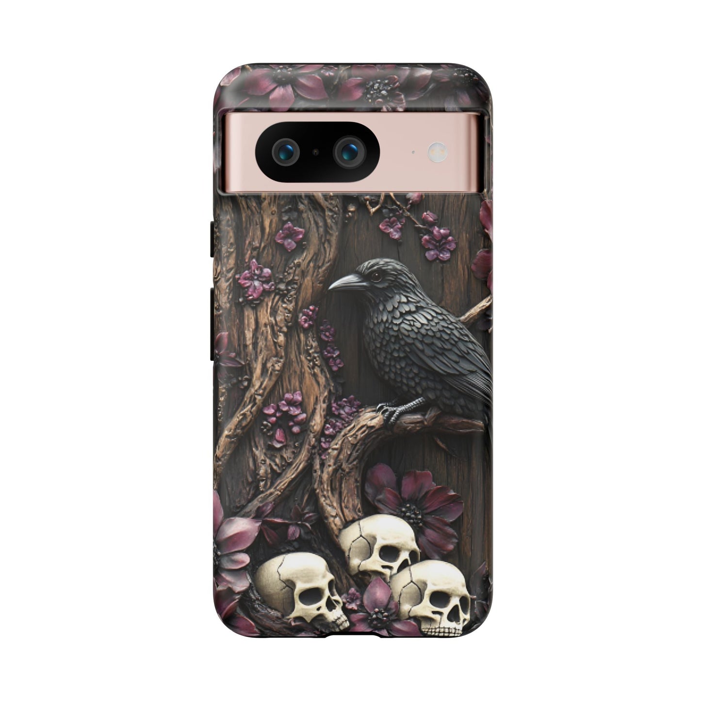 Raven and Skulls Phone Case - Gothic Faux Wood Phone Cases for iPhone 16 15 14 13 12 11, Samsung Galaxy & Google Pixel