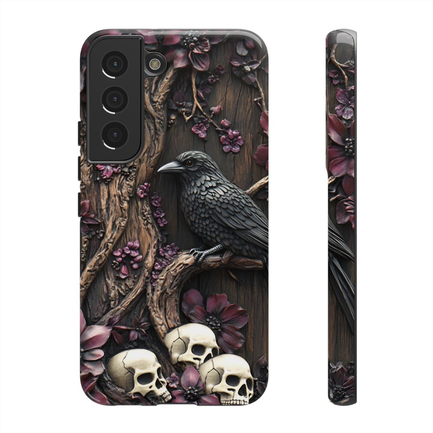 Raven and Skulls Phone Case - Gothic Faux Wood Phone Cases for iPhone 16 15 14 13 12 11, Samsung Galaxy & Google Pixel