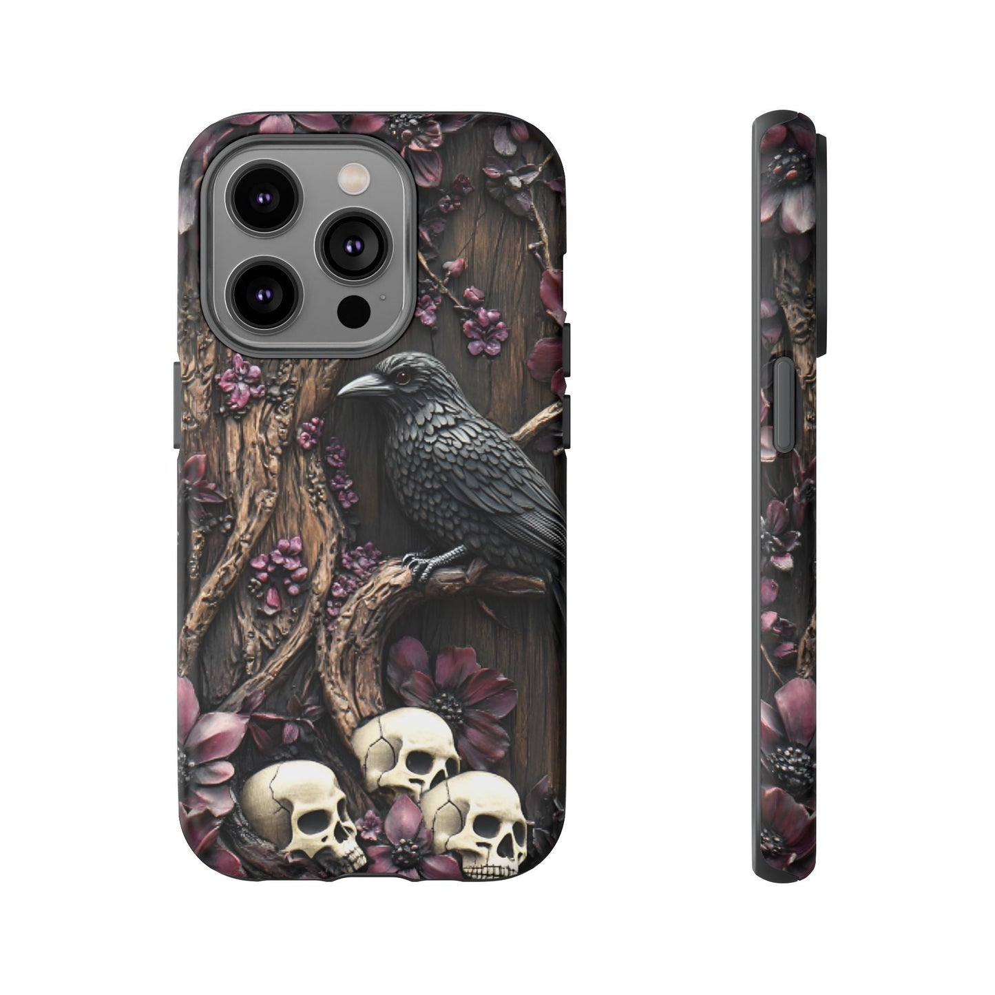 Raven and Skulls Phone Case - Gothic Faux Wood Phone Cases for iPhone 16 15 14 13 12 11, Samsung Galaxy & Google Pixel