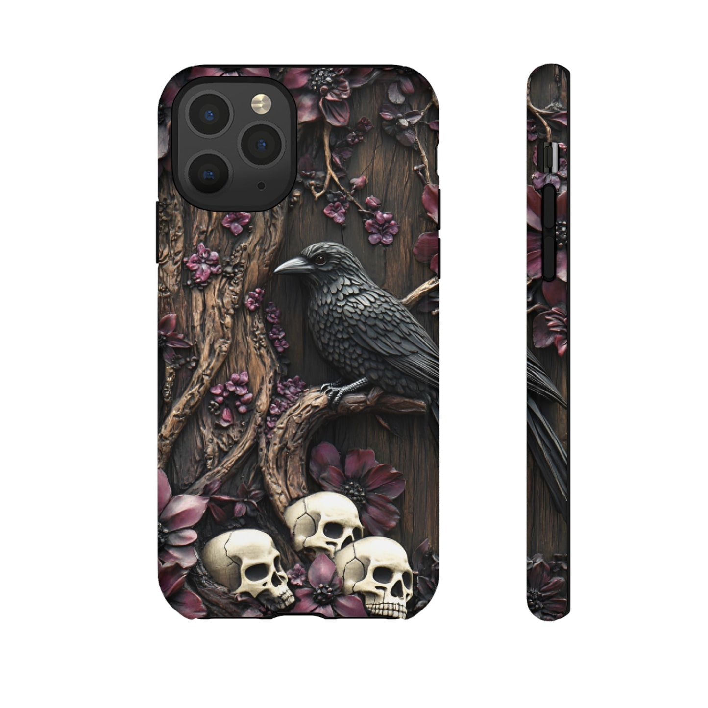 Raven and Skulls Phone Case - Gothic Faux Wood Phone Cases for iPhone 16 15 14 13 12 11, Samsung Galaxy & Google Pixel