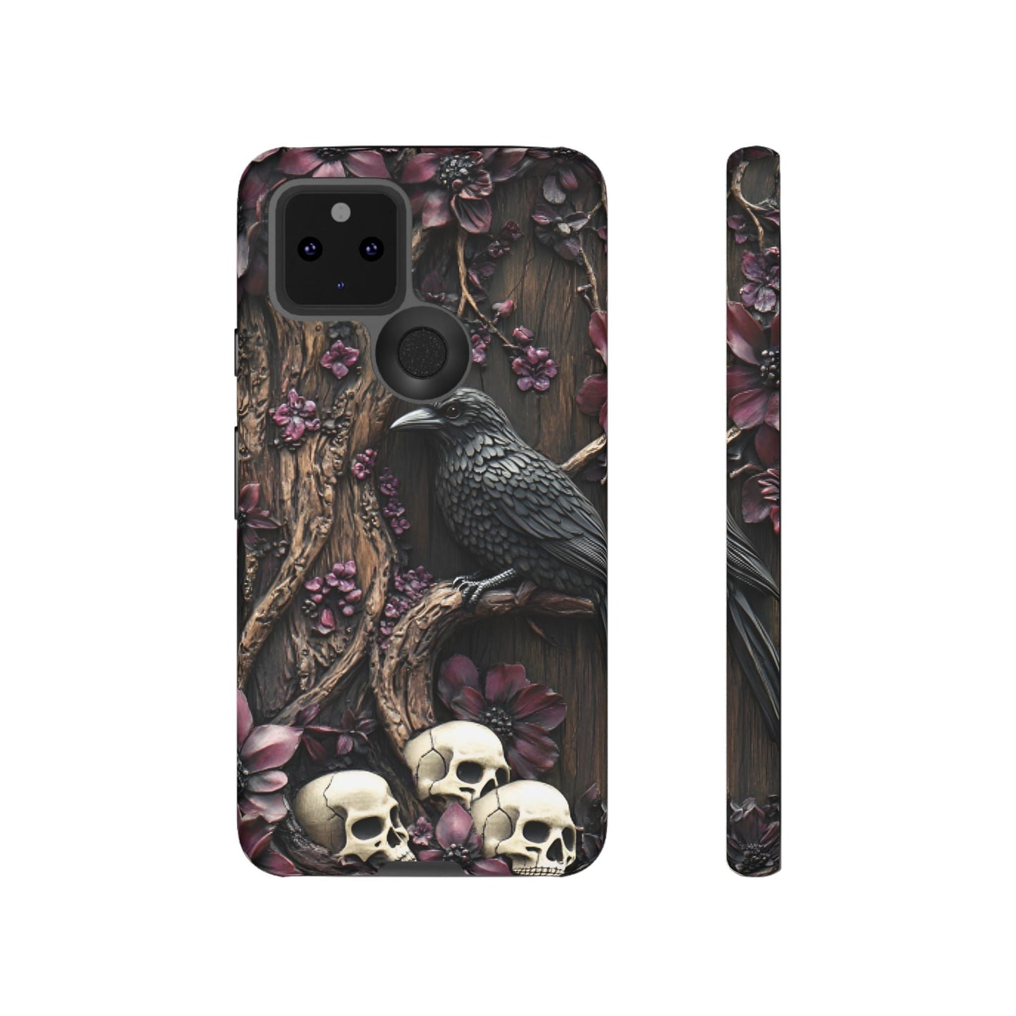 Raven and Skulls Phone Case - Gothic Faux Wood Phone Cases for iPhone 16 15 14 13 12 11, Samsung Galaxy & Google Pixel