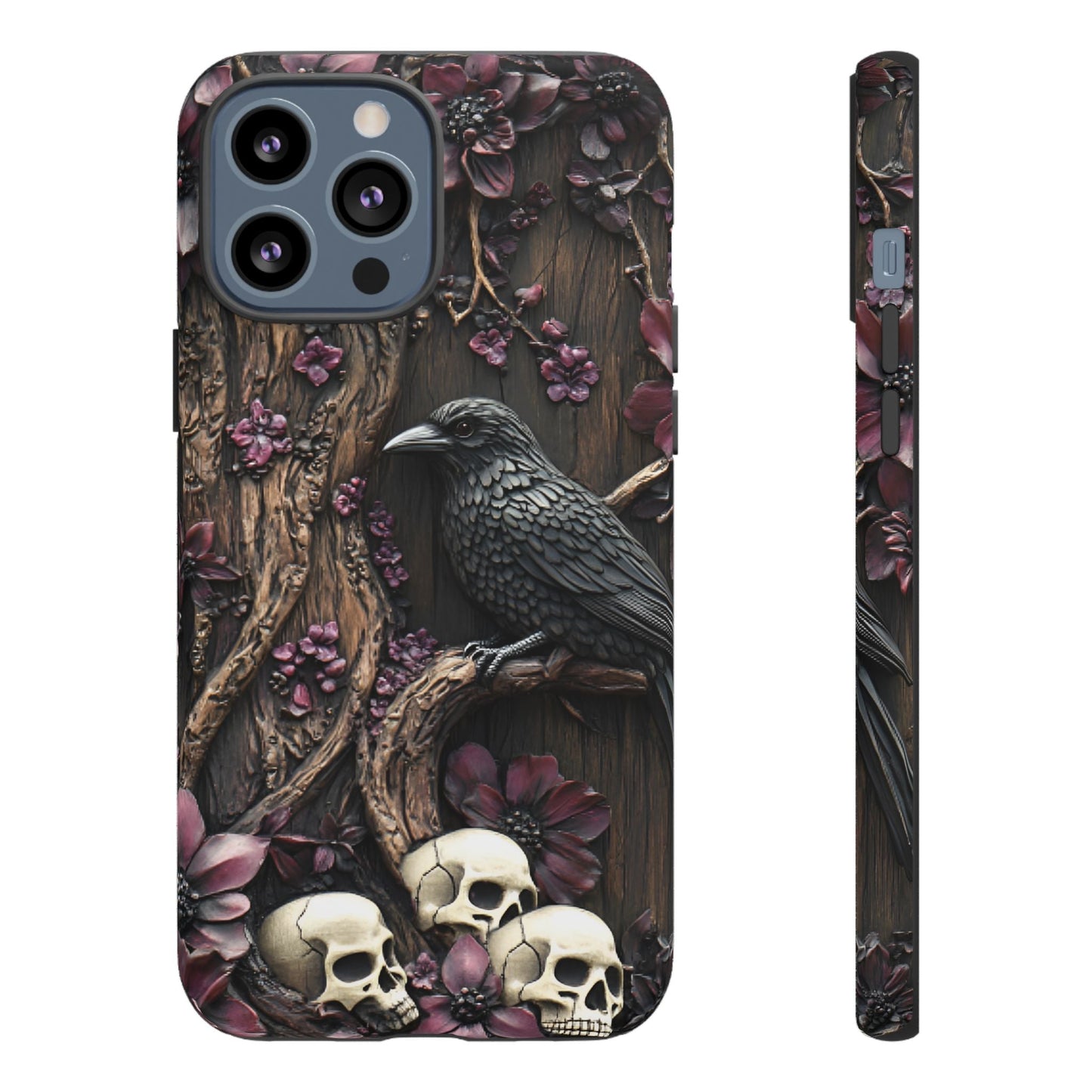 Raven and Skulls Phone Case - Gothic Faux Wood Phone Cases for iPhone 16 15 14 13 12 11, Samsung Galaxy & Google Pixel