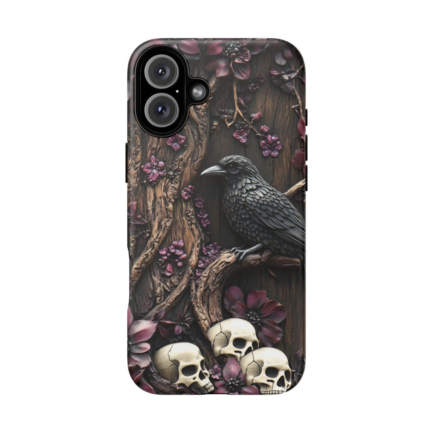 Raven and Skulls Phone Case - Gothic Faux Wood Phone Cases for iPhone 16 15 14 13 12 11, Samsung Galaxy & Google Pixel