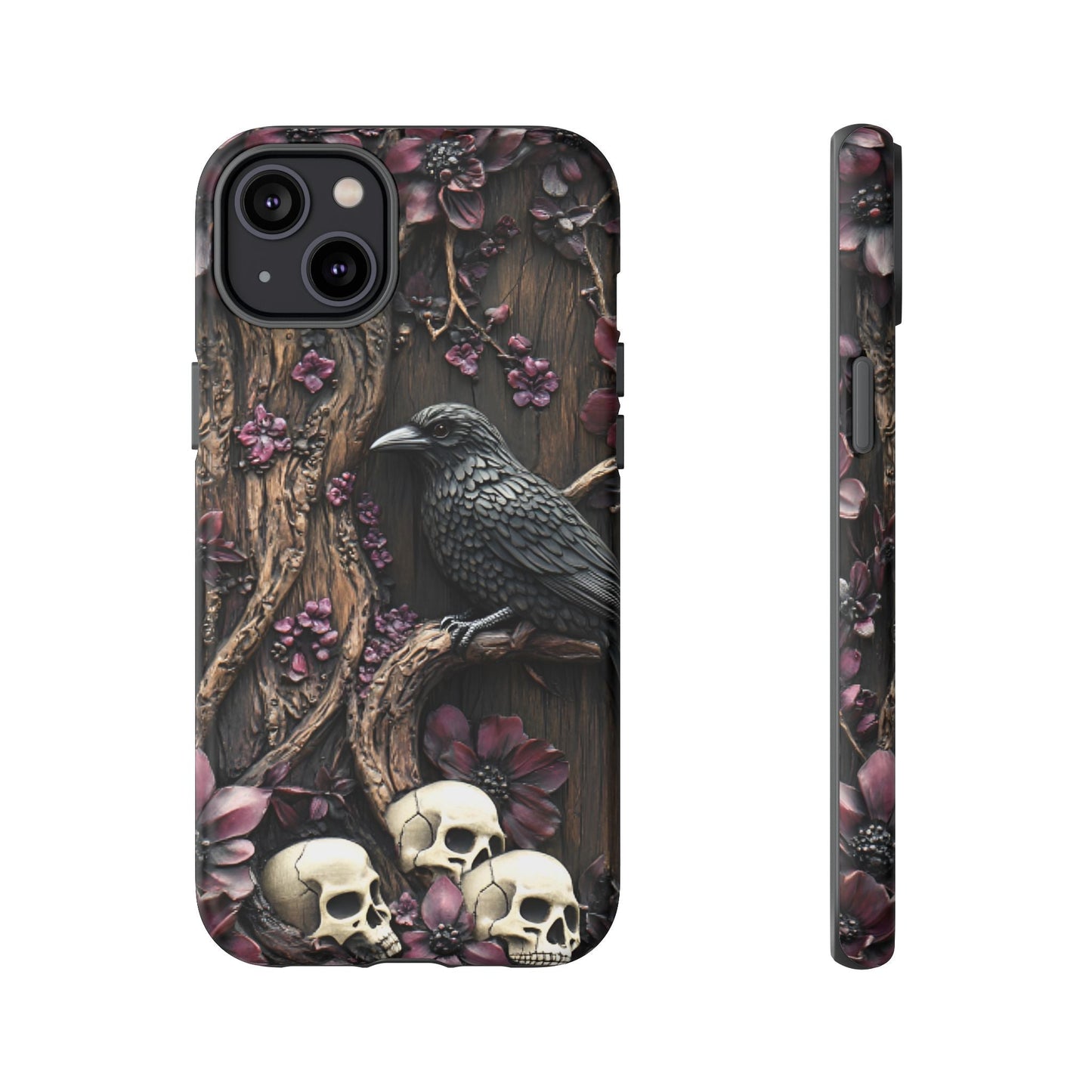 Raven and Skulls Phone Case - Gothic Faux Wood Phone Cases for iPhone 16 15 14 13 12 11, Samsung Galaxy & Google Pixel