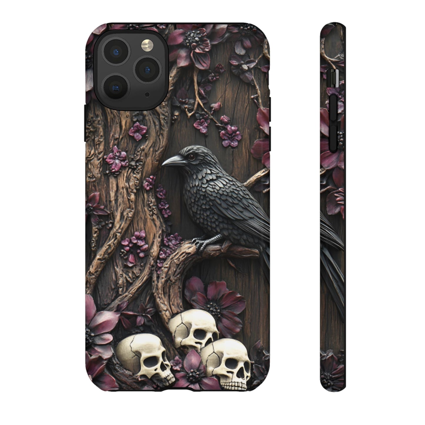 Raven and Skulls Phone Case - Gothic Faux Wood Phone Cases for iPhone 16 15 14 13 12 11, Samsung Galaxy & Google Pixel