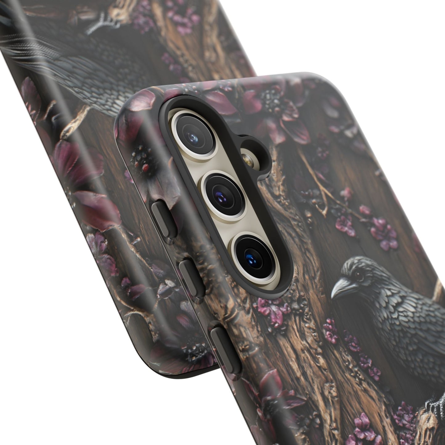 Raven and Skulls Phone Case - Gothic Faux Wood Phone Cases for iPhone 16 15 14 13 12 11, Samsung Galaxy & Google Pixel