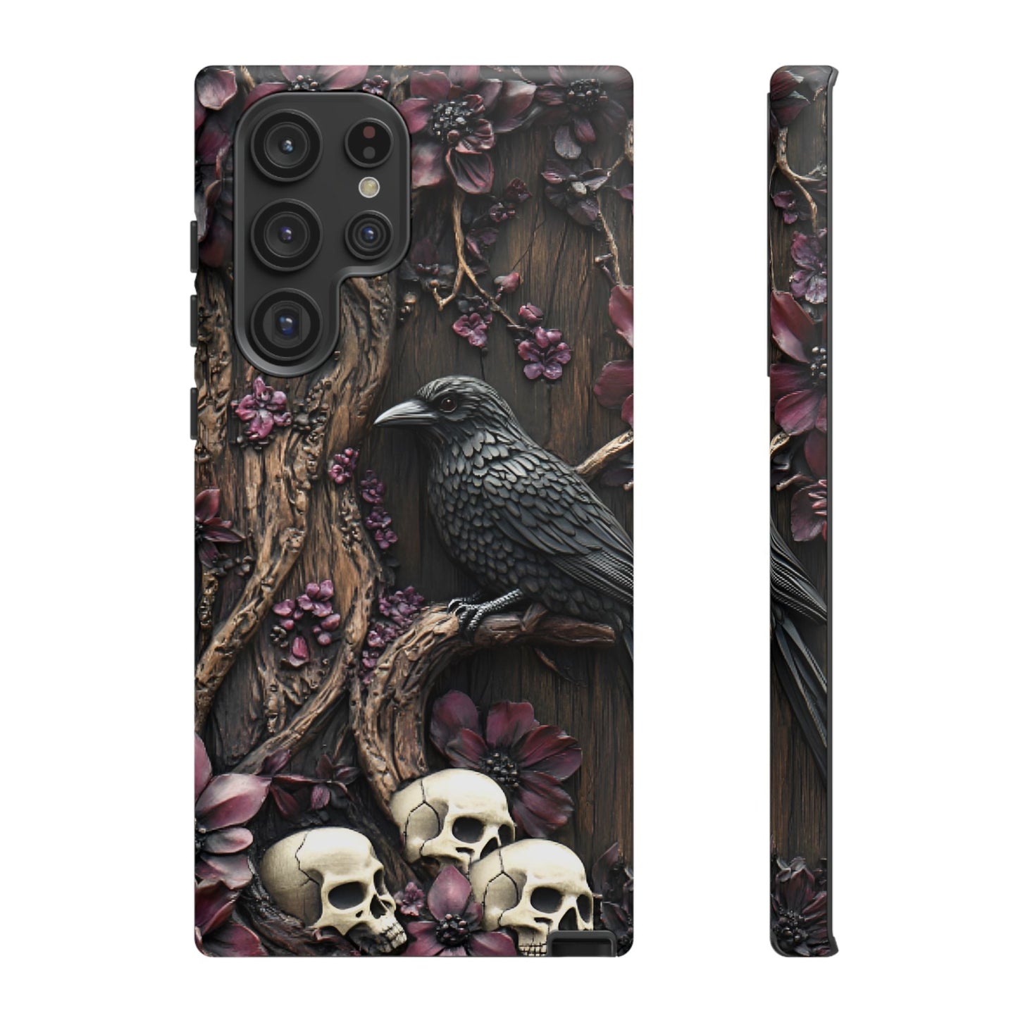 Raven and Skulls Phone Case - Gothic Faux Wood Phone Cases for iPhone 16 15 14 13 12 11, Samsung Galaxy & Google Pixel