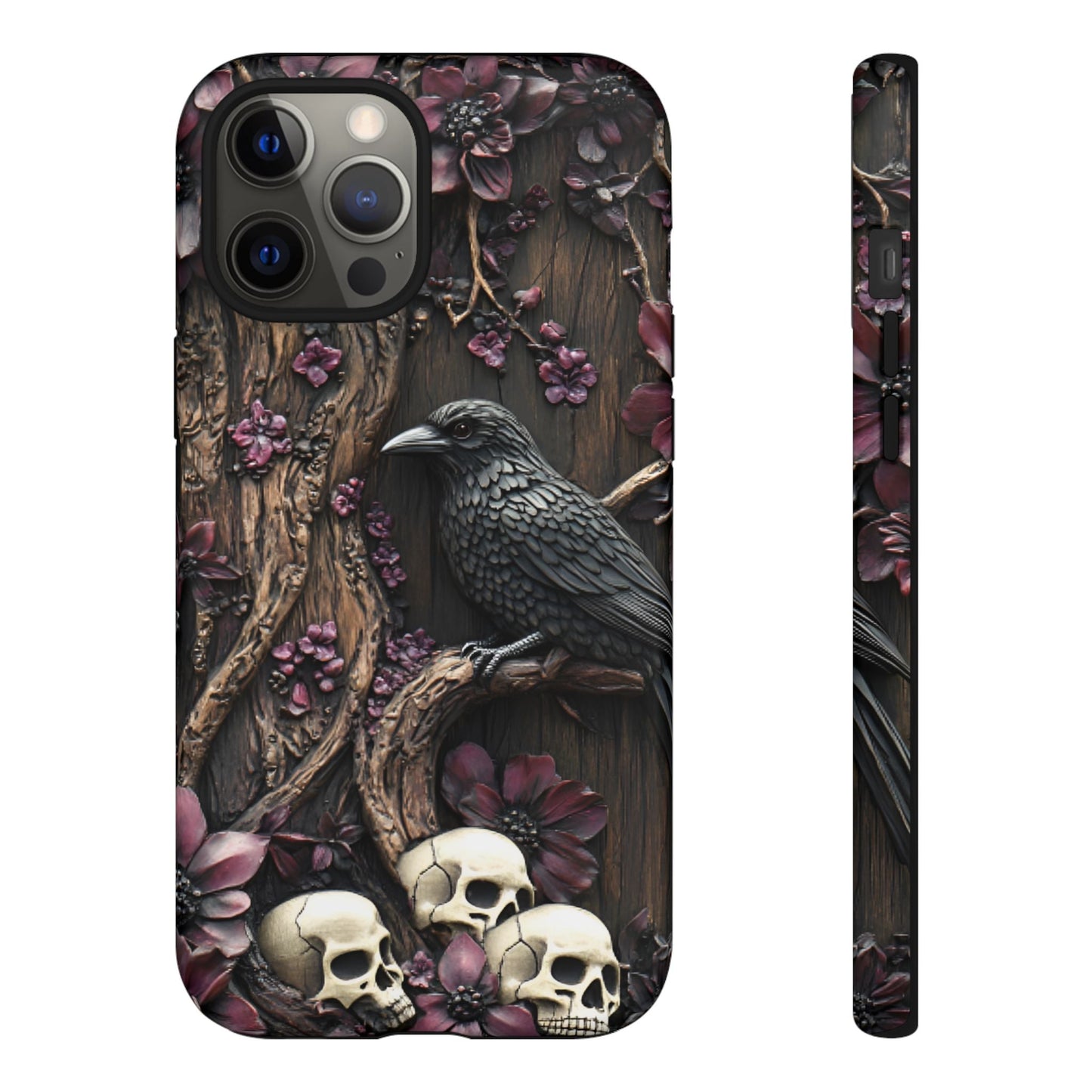 Raven and Skulls Phone Case - Gothic Faux Wood Phone Cases for iPhone 16 15 14 13 12 11, Samsung Galaxy & Google Pixel