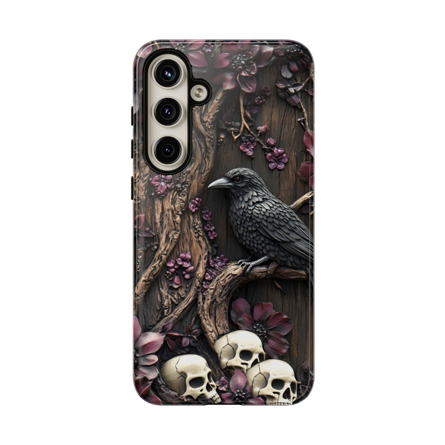 Raven and Skulls Phone Case - Gothic Faux Wood Phone Cases for iPhone 16 15 14 13 12 11, Samsung Galaxy & Google Pixel