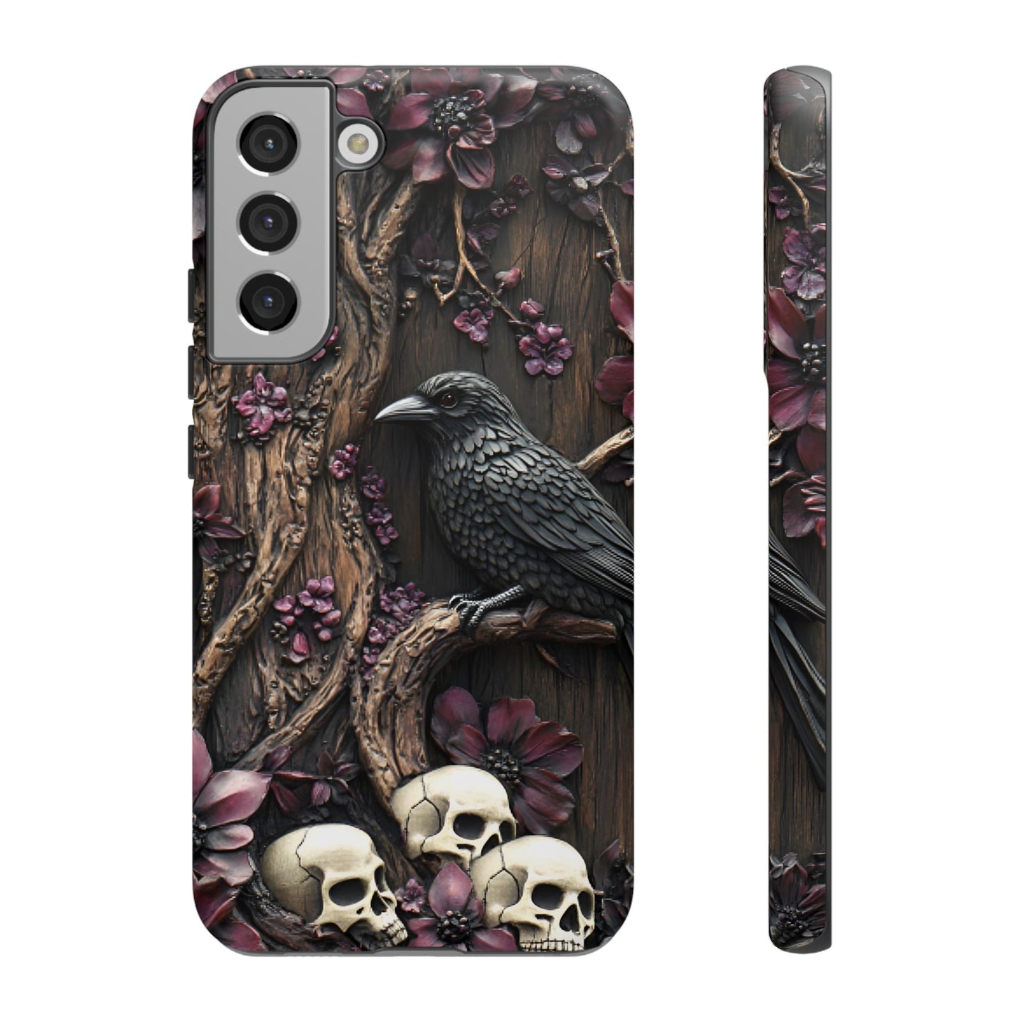 Raven and Skulls Phone Case - Gothic Faux Wood Phone Cases for iPhone 16 15 14 13 12 11, Samsung Galaxy & Google Pixel