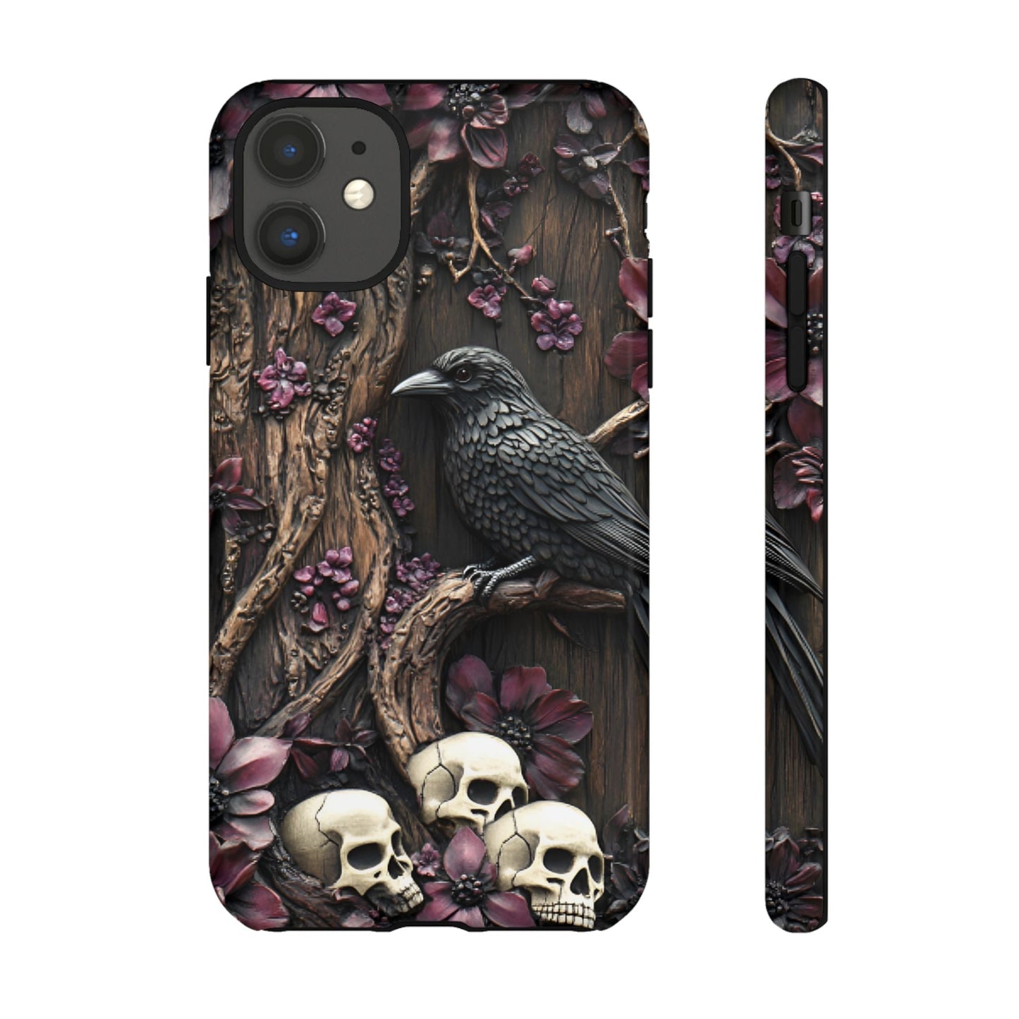 Raven and Skulls Phone Case - Gothic Faux Wood Phone Cases for iPhone 16 15 14 13 12 11, Samsung Galaxy & Google Pixel