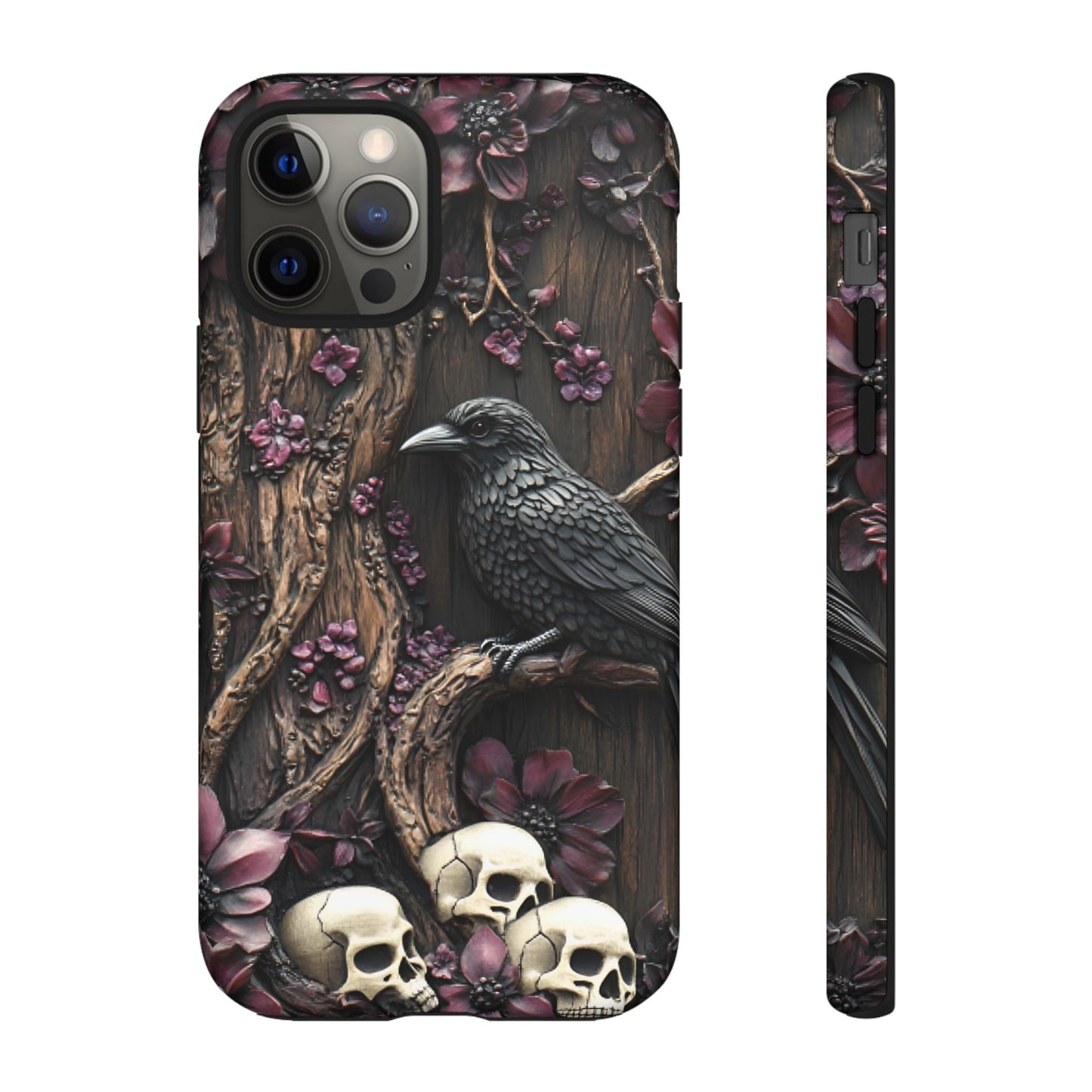 Raven and Skulls Phone Case - Gothic Faux Wood Phone Cases for iPhone 16 15 14 13 12 11, Samsung Galaxy & Google Pixel