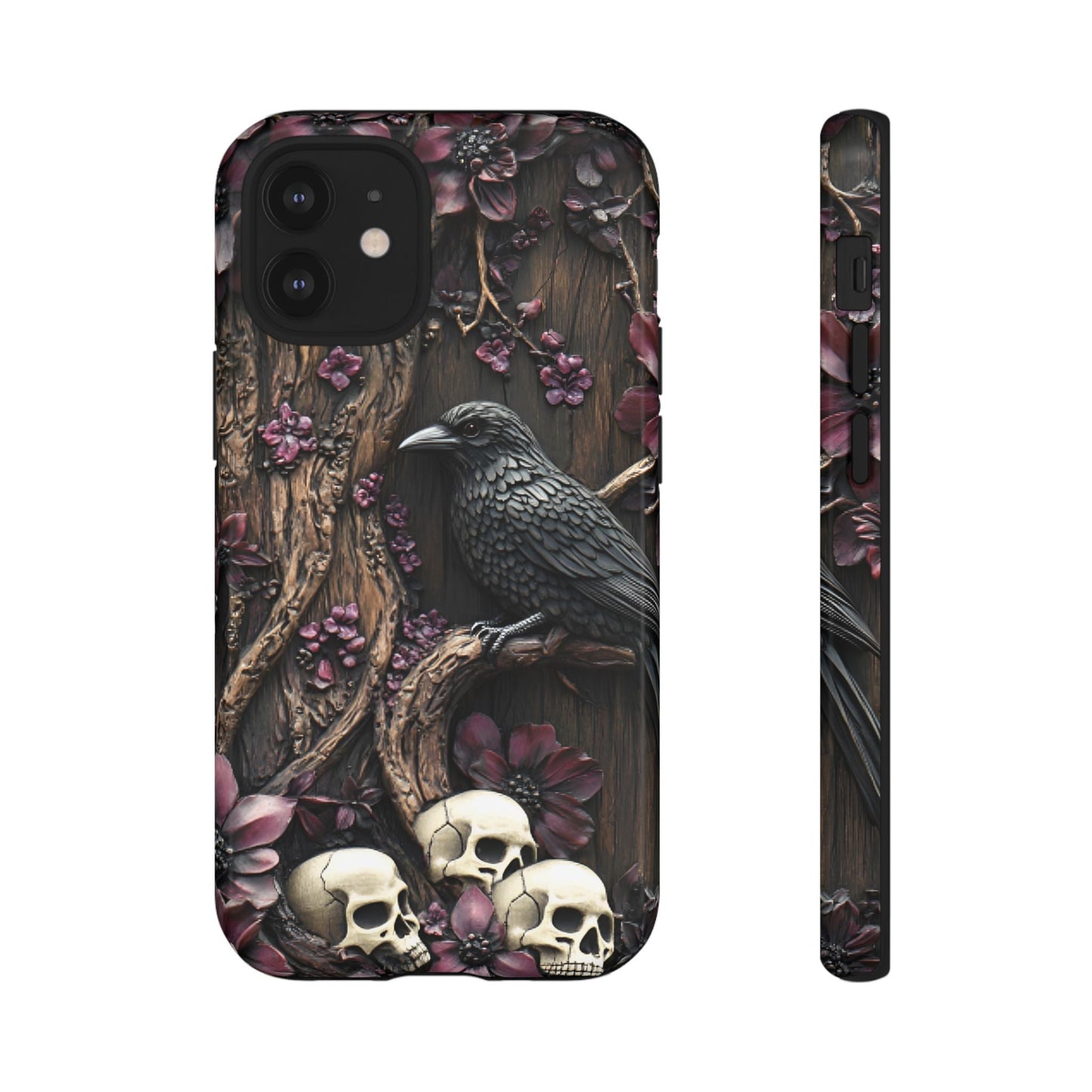 Raven and Skulls Phone Case - Gothic Faux Wood Phone Cases for iPhone 16 15 14 13 12 11, Samsung Galaxy & Google Pixel