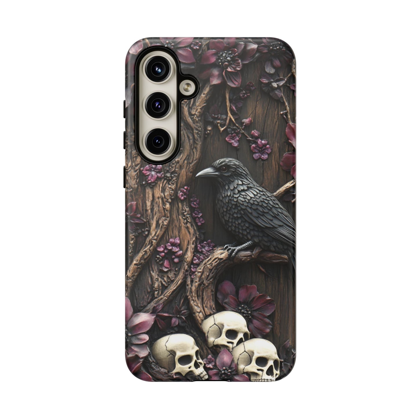 Raven and Skulls Phone Case - Gothic Faux Wood Phone Cases for iPhone 16 15 14 13 12 11, Samsung Galaxy & Google Pixel