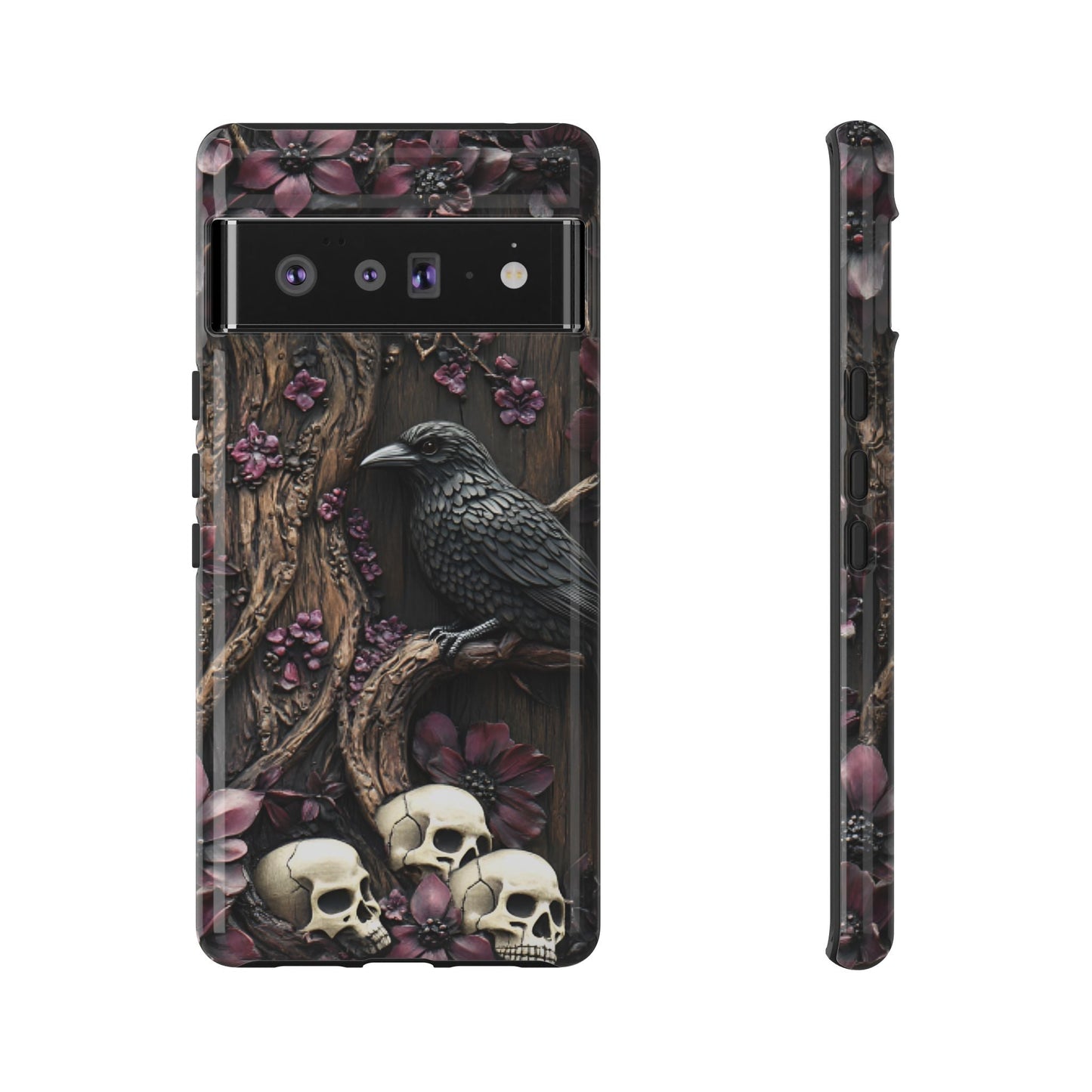 Raven and Skulls Phone Case - Gothic Faux Wood Phone Cases for iPhone 16 15 14 13 12 11, Samsung Galaxy & Google Pixel