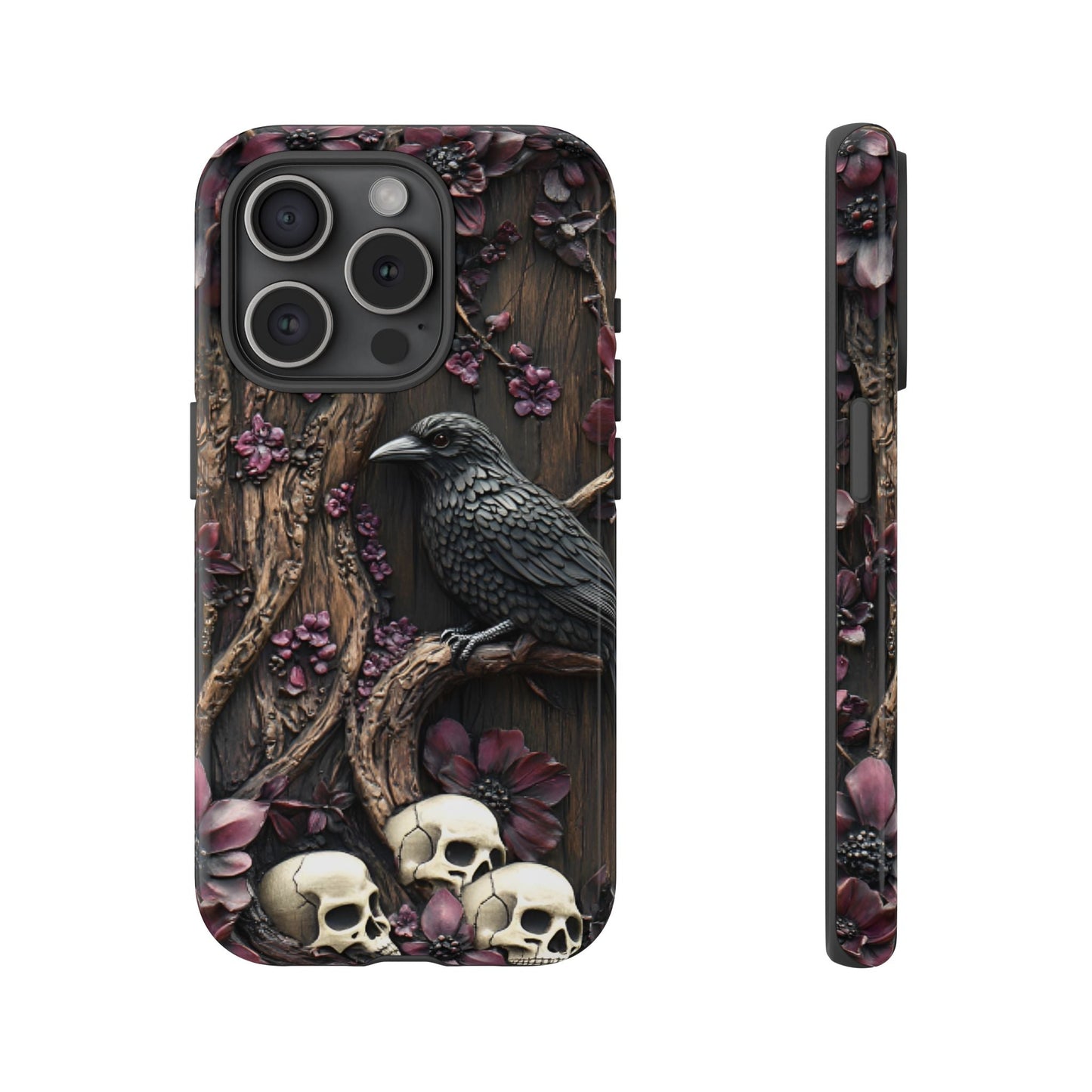 Raven and Skulls Phone Case - Gothic Faux Wood Phone Cases for iPhone 16 15 14 13 12 11, Samsung Galaxy & Google Pixel