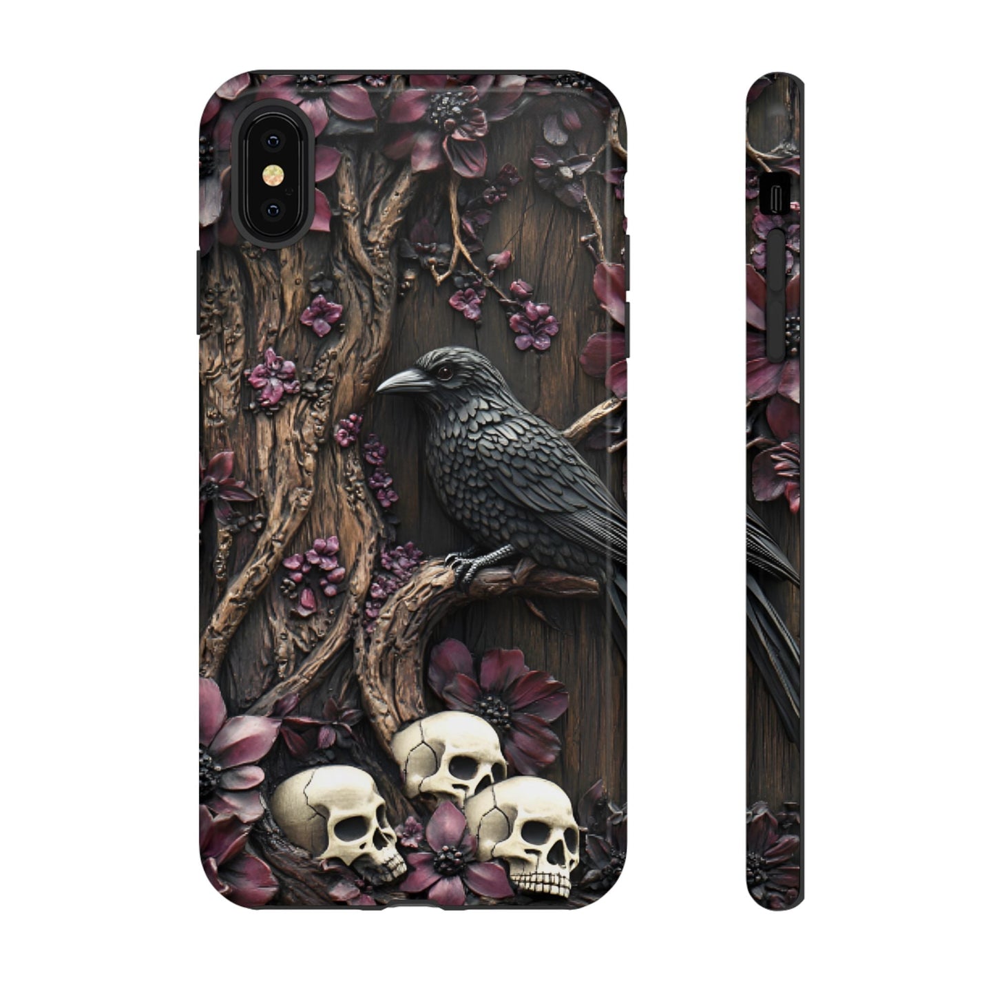 Raven and Skulls Phone Case - Gothic Faux Wood Phone Cases for iPhone 16 15 14 13 12 11, Samsung Galaxy & Google Pixel