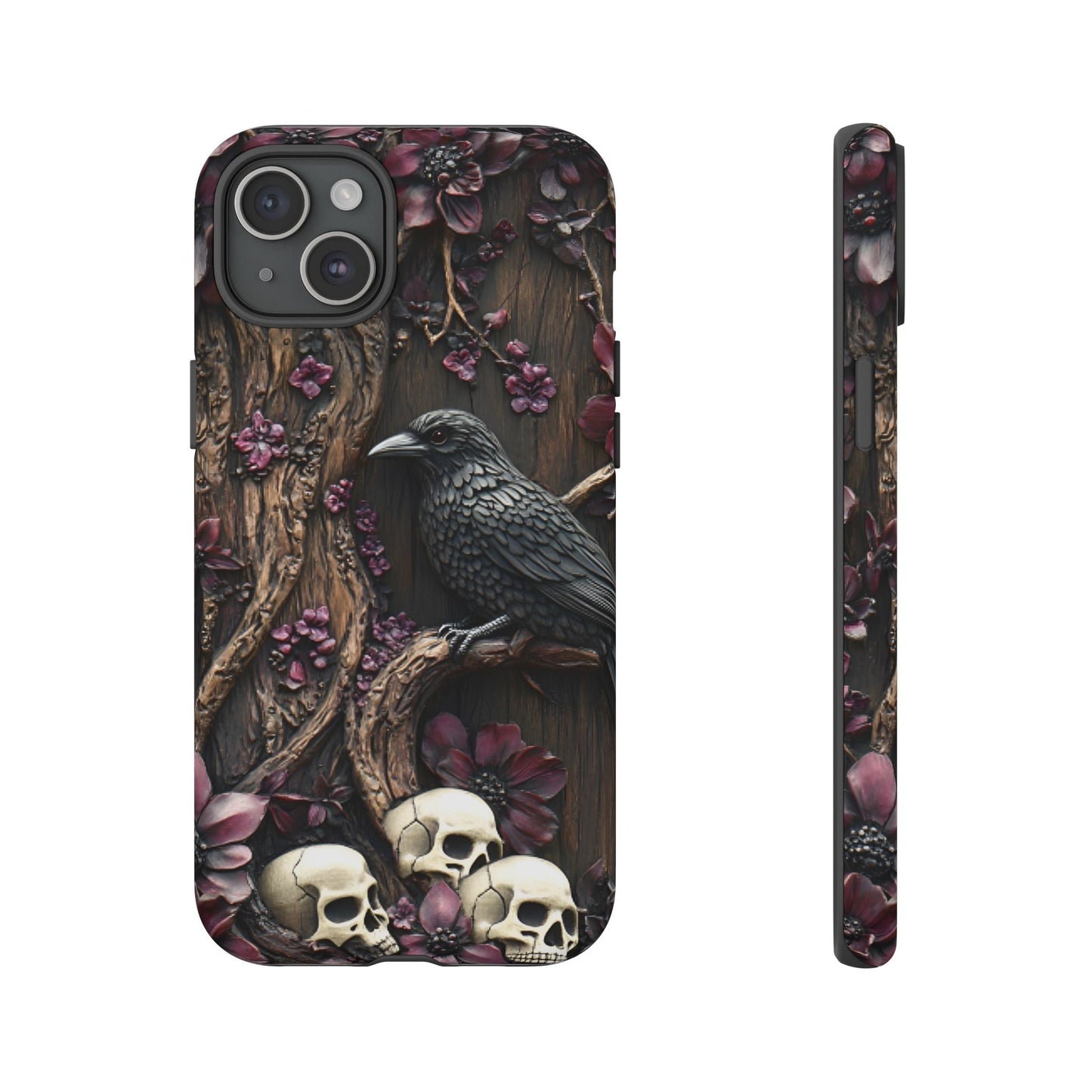 Raven and Skulls Phone Case - Gothic Faux Wood Phone Cases for iPhone 16 15 14 13 12 11, Samsung Galaxy & Google Pixel