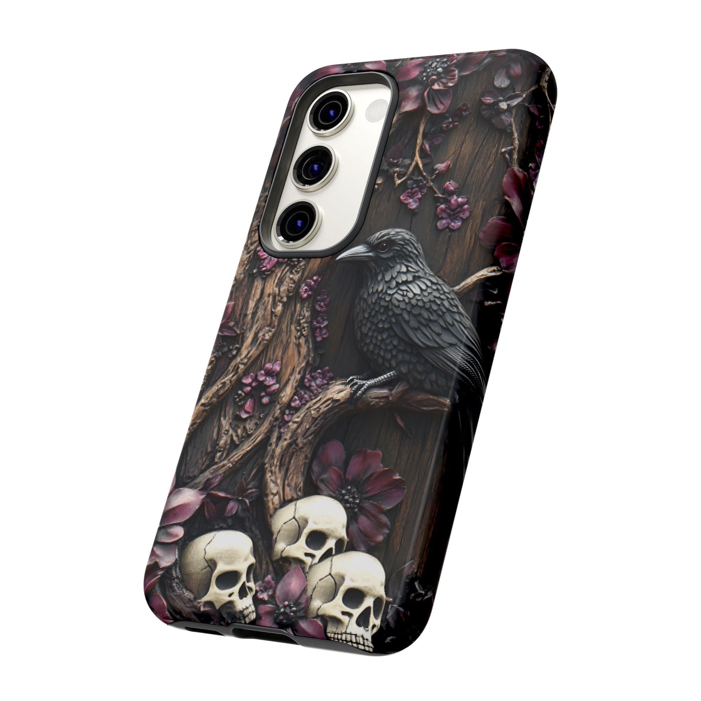 Raven and Skulls Phone Case - Gothic Faux Wood Phone Cases for iPhone 16 15 14 13 12 11, Samsung Galaxy & Google Pixel