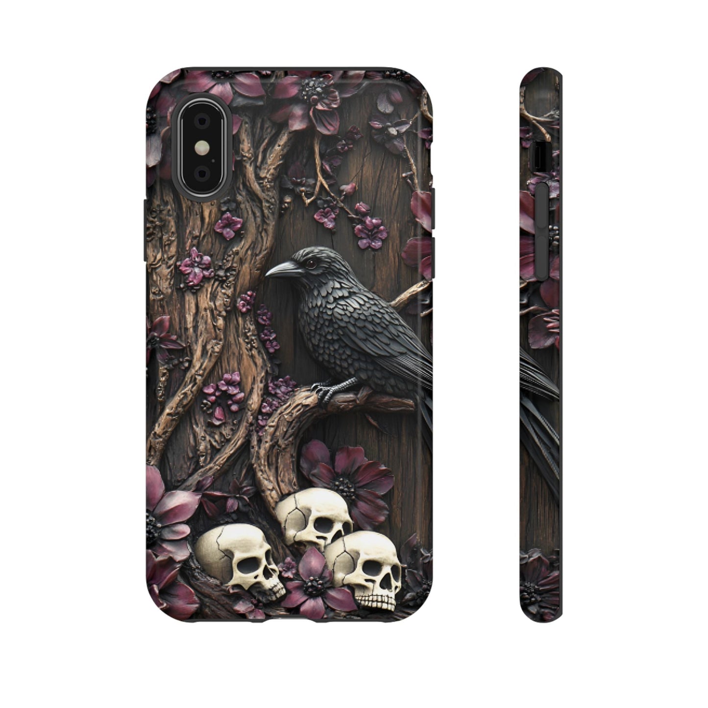 Raven and Skulls Phone Case - Gothic Faux Wood Phone Cases for iPhone 16 15 14 13 12 11, Samsung Galaxy & Google Pixel