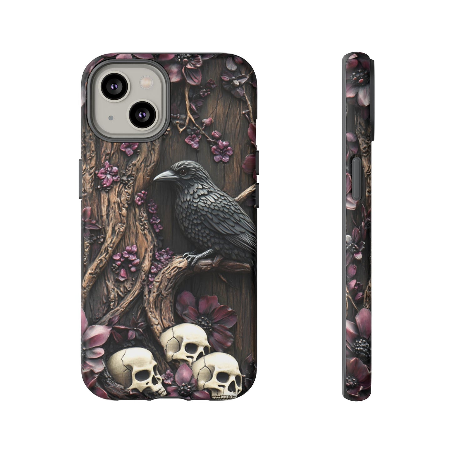 Raven and Skulls Phone Case - Gothic Faux Wood Phone Cases for iPhone 16 15 14 13 12 11, Samsung Galaxy & Google Pixel