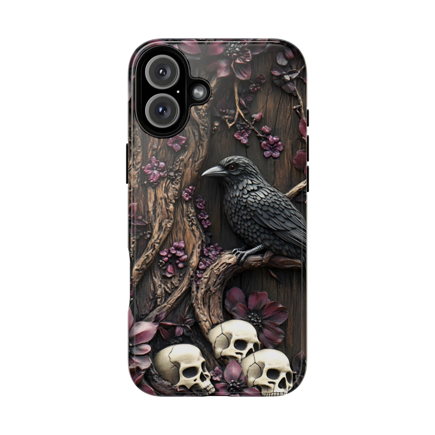 Raven and Skulls Phone Case - Gothic Faux Wood Phone Cases for iPhone 16 15 14 13 12 11, Samsung Galaxy & Google Pixel