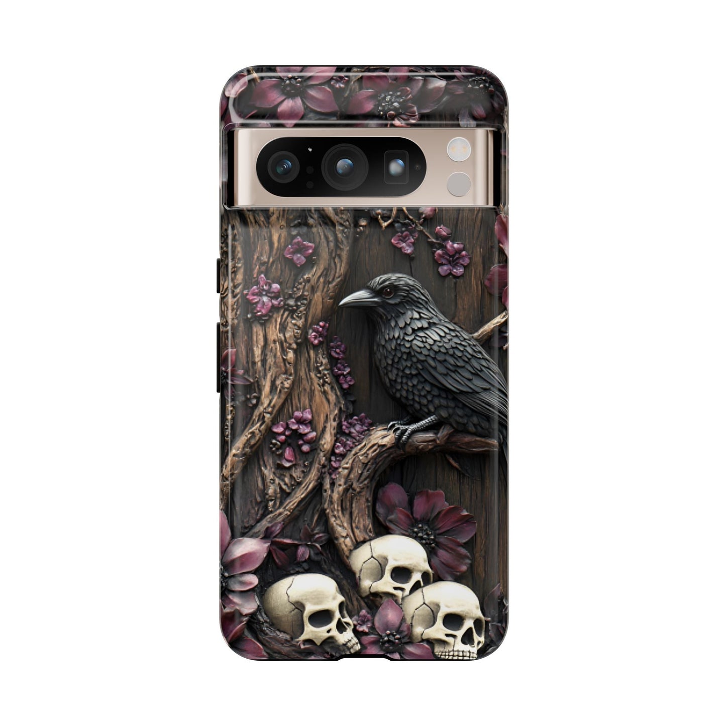 Raven and Skulls Phone Case - Gothic Faux Wood Phone Cases for iPhone 16 15 14 13 12 11, Samsung Galaxy & Google Pixel