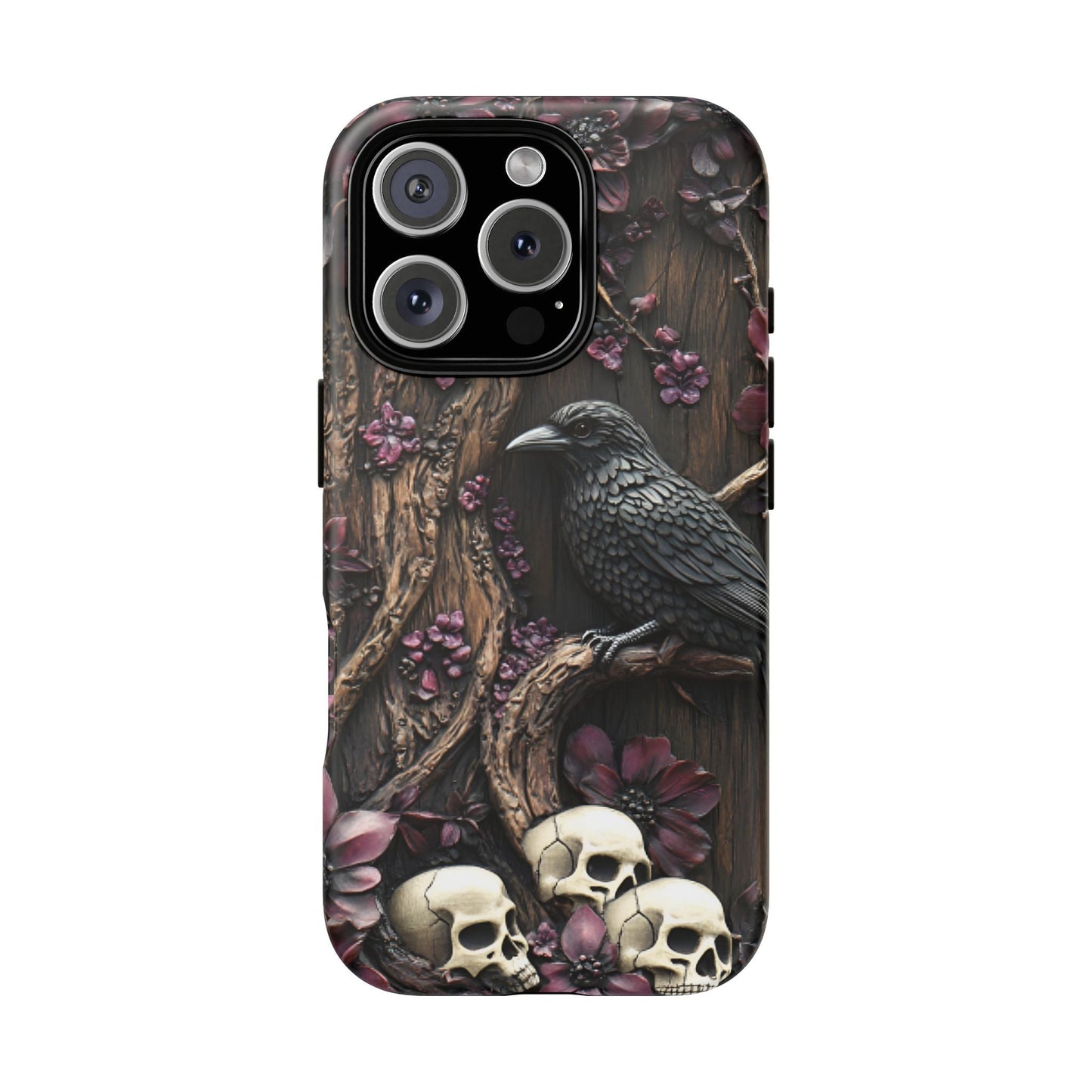 Raven and Skulls Phone Case - Gothic Faux Wood Phone Cases for iPhone 16 15 14 13 12 11, Samsung Galaxy & Google Pixel