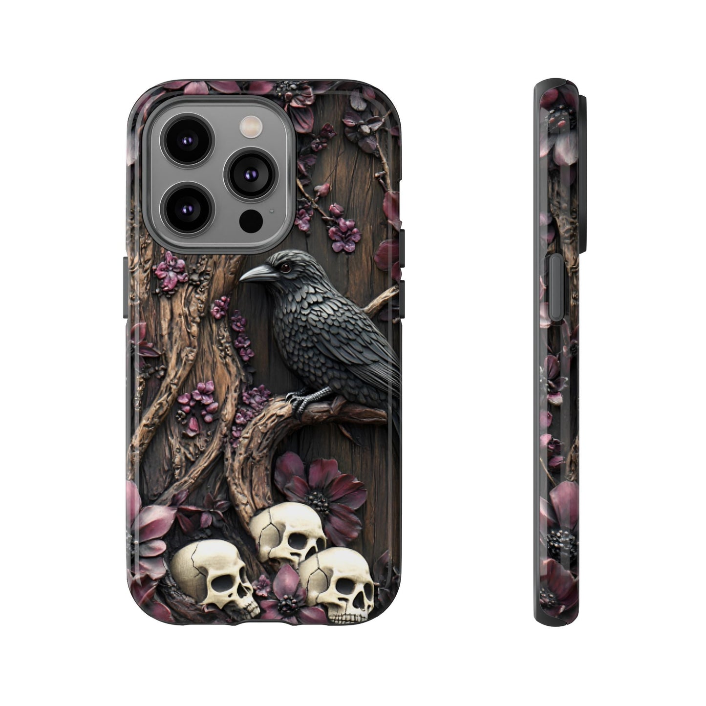 Raven and Skulls Phone Case - Gothic Faux Wood Phone Cases for iPhone 16 15 14 13 12 11, Samsung Galaxy & Google Pixel