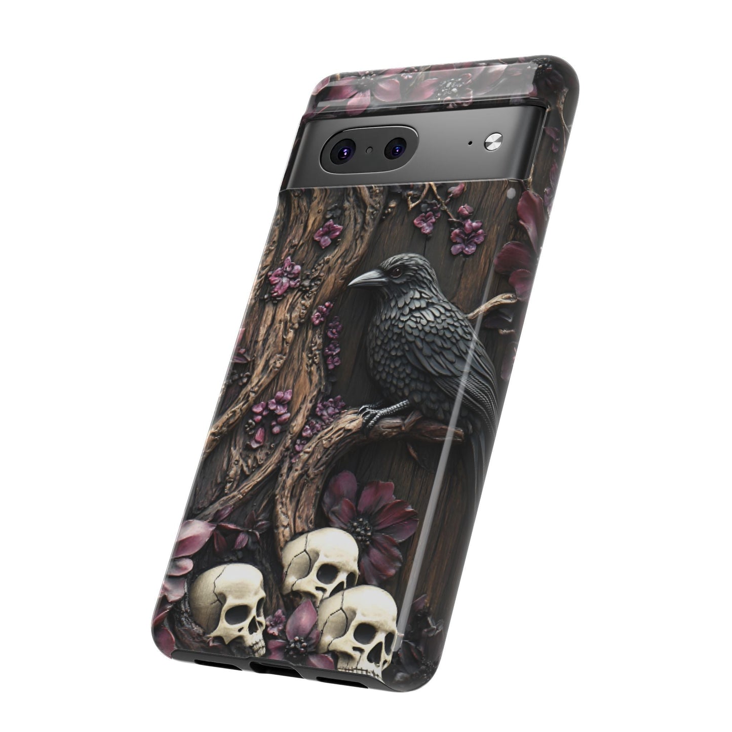 Raven and Skulls Phone Case - Gothic Faux Wood Phone Cases for iPhone 16 15 14 13 12 11, Samsung Galaxy & Google Pixel