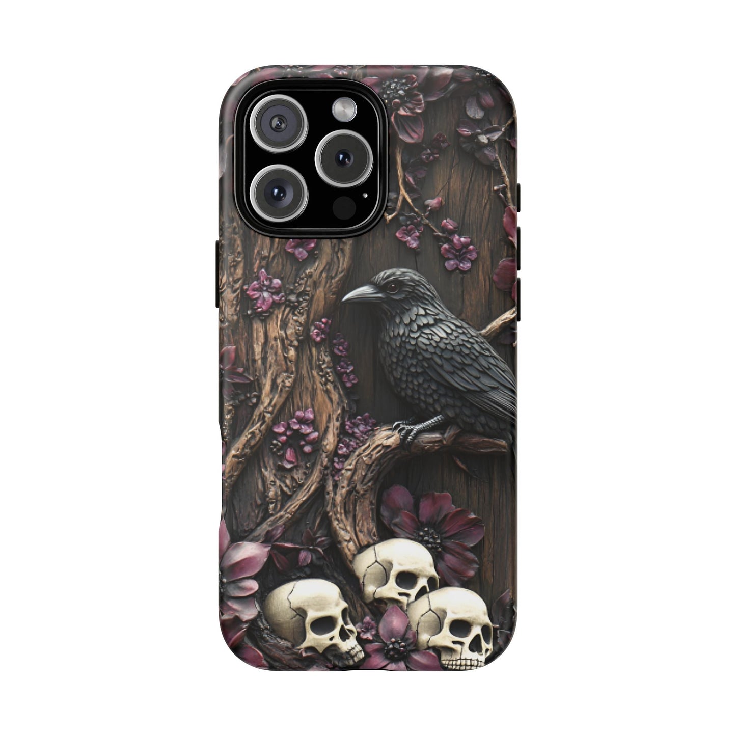 Raven and Skulls Phone Case - Gothic Faux Wood Phone Cases for iPhone 16 15 14 13 12 11, Samsung Galaxy & Google Pixel