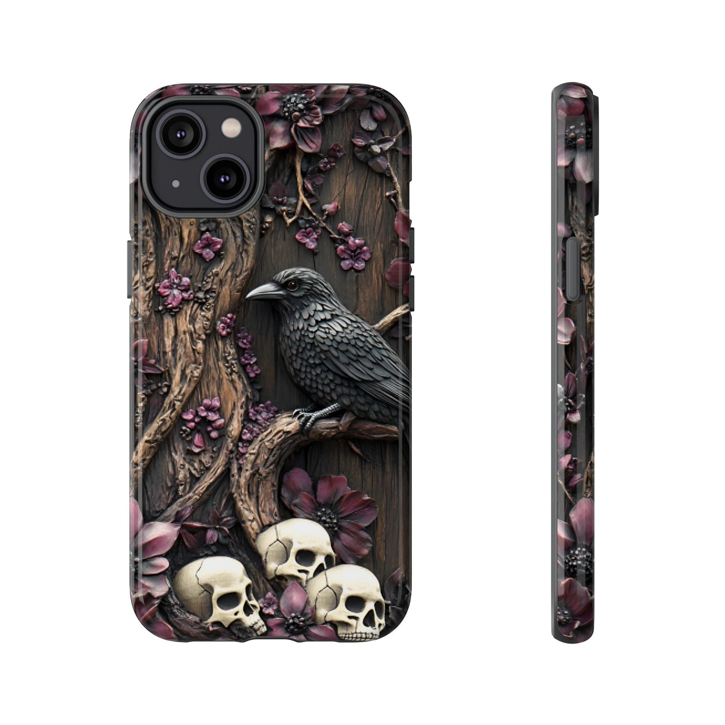 Raven and Skulls Phone Case - Gothic Faux Wood Phone Cases for iPhone 16 15 14 13 12 11, Samsung Galaxy & Google Pixel