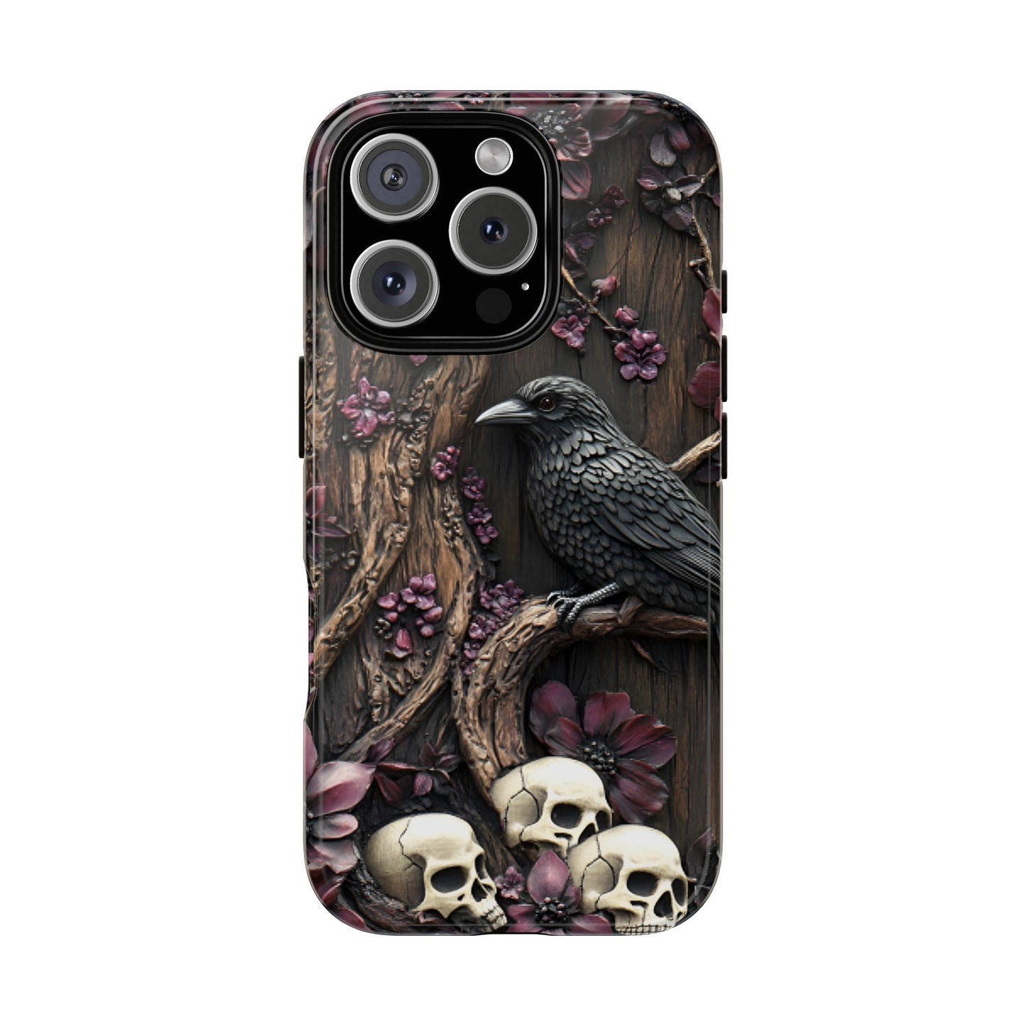 Raven and Skulls Phone Case - Gothic Faux Wood Phone Cases for iPhone 16 15 14 13 12 11, Samsung Galaxy & Google Pixel