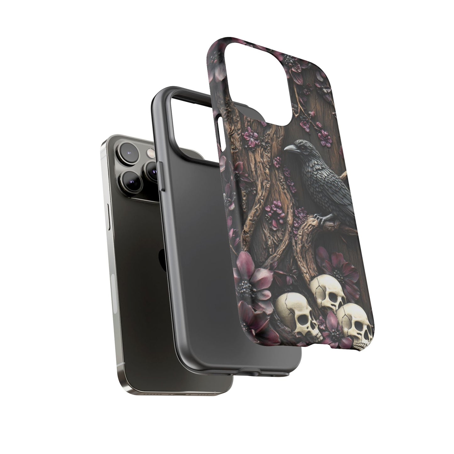 Raven and Skulls Phone Case - Gothic Faux Wood Phone Cases for iPhone 16 15 14 13 12 11, Samsung Galaxy & Google Pixel