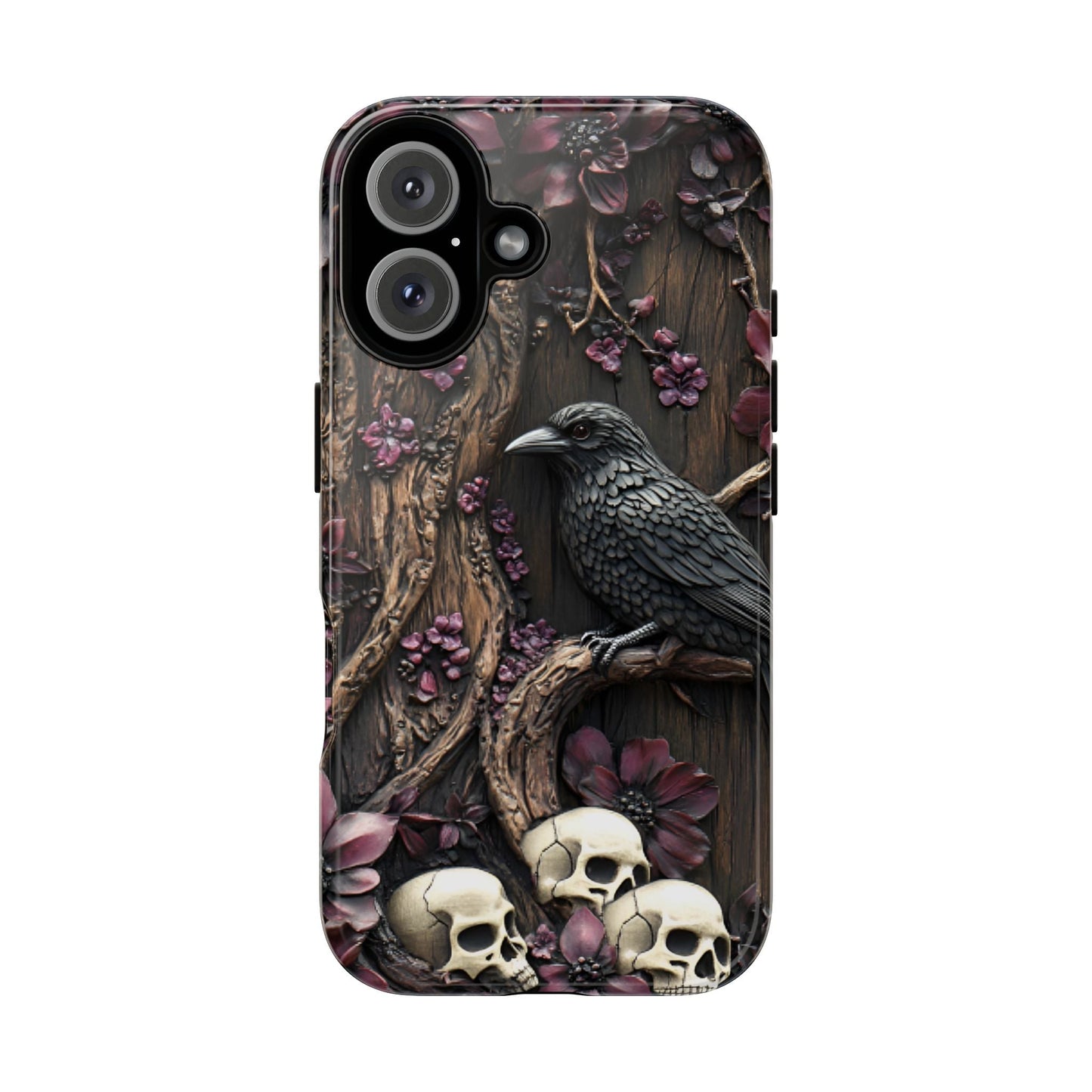 Raven and Skulls Phone Case - Gothic Faux Wood Phone Cases for iPhone 16 15 14 13 12 11, Samsung Galaxy & Google Pixel