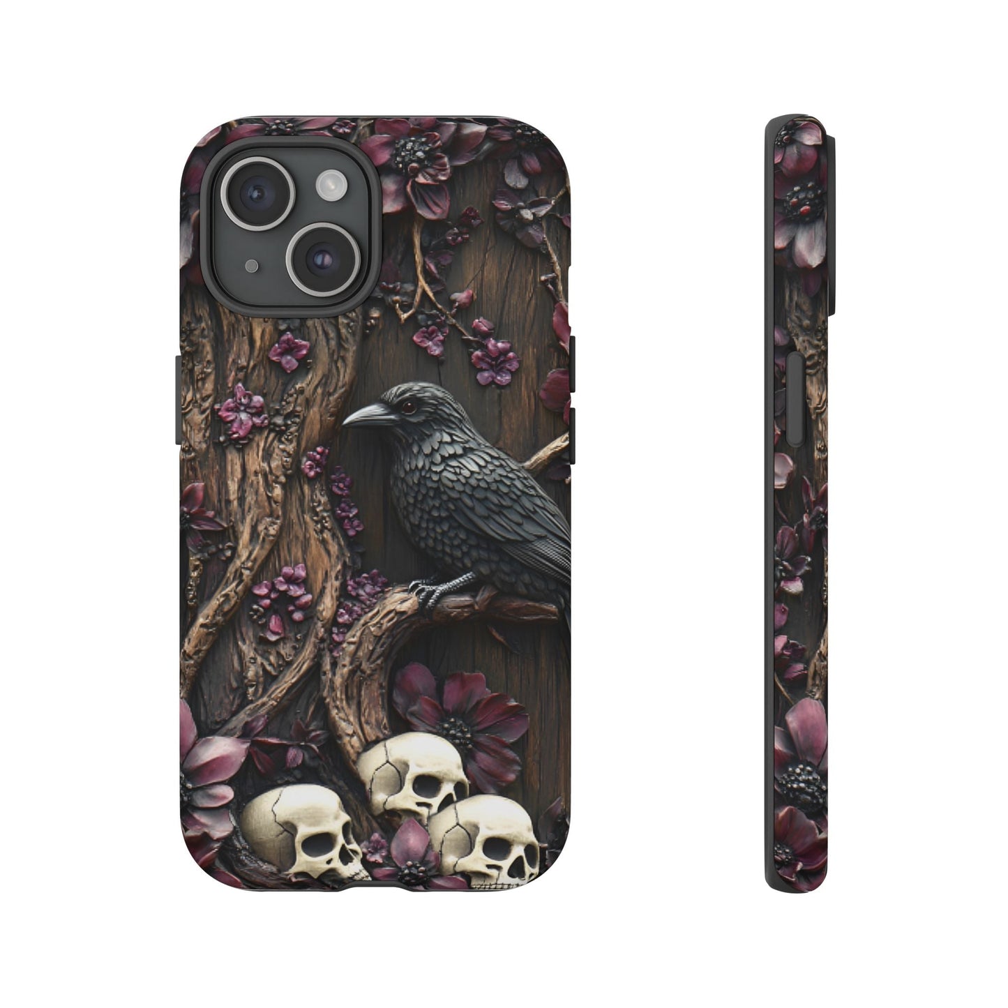 Raven and Skulls Phone Case - Gothic Faux Wood Phone Cases for iPhone 16 15 14 13 12 11, Samsung Galaxy & Google Pixel