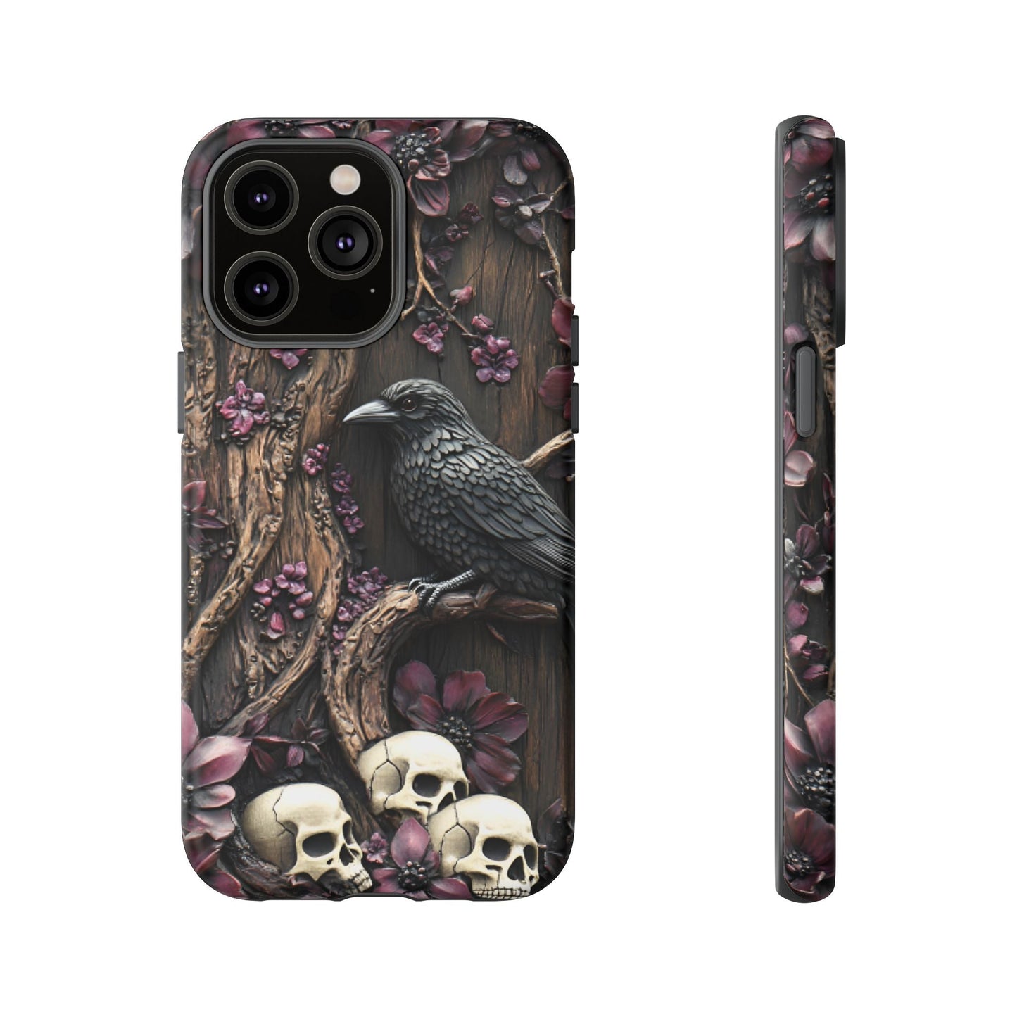 Raven and Skulls Phone Case - Gothic Faux Wood Phone Cases for iPhone 16 15 14 13 12 11, Samsung Galaxy & Google Pixel