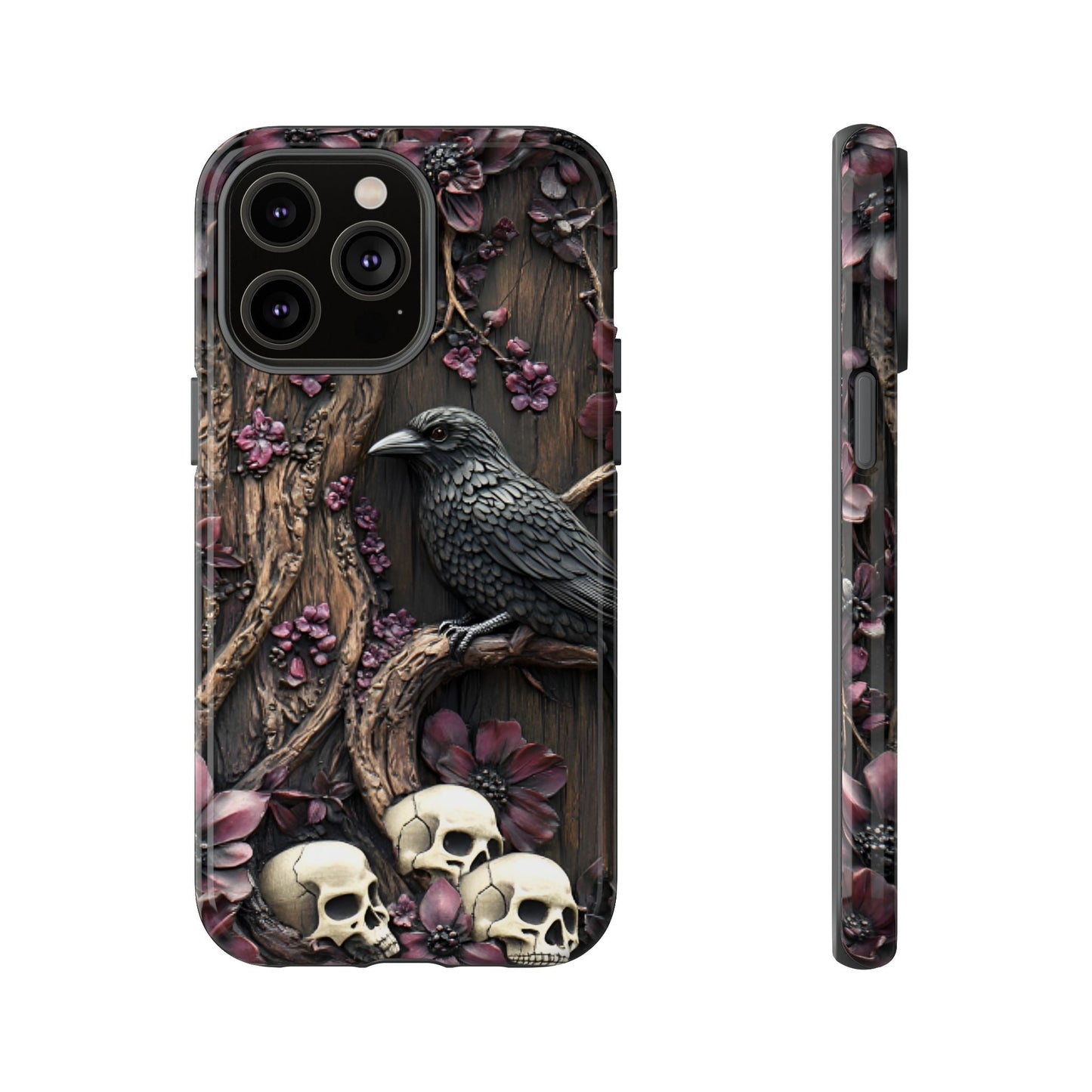 Raven and Skulls Phone Case - Gothic Faux Wood Phone Cases for iPhone 16 15 14 13 12 11, Samsung Galaxy & Google Pixel