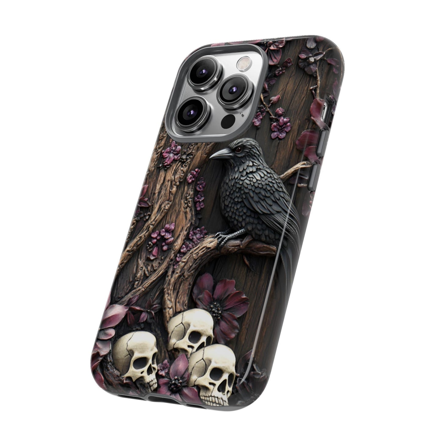 Raven and Skulls Phone Case - Gothic Faux Wood Phone Cases for iPhone 16 15 14 13 12 11, Samsung Galaxy & Google Pixel