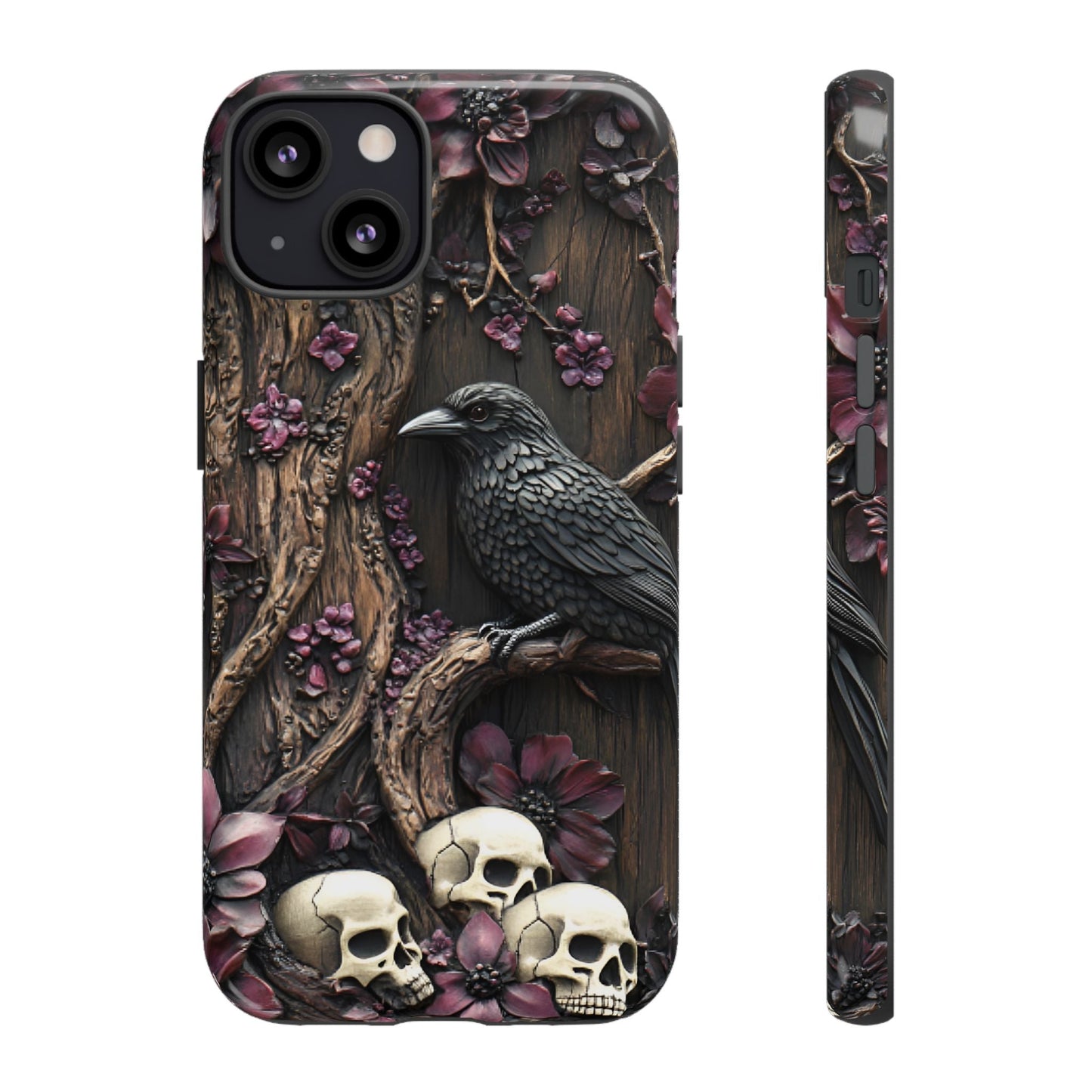 Raven and Skulls Phone Case - Gothic Faux Wood Phone Cases for iPhone 16 15 14 13 12 11, Samsung Galaxy & Google Pixel