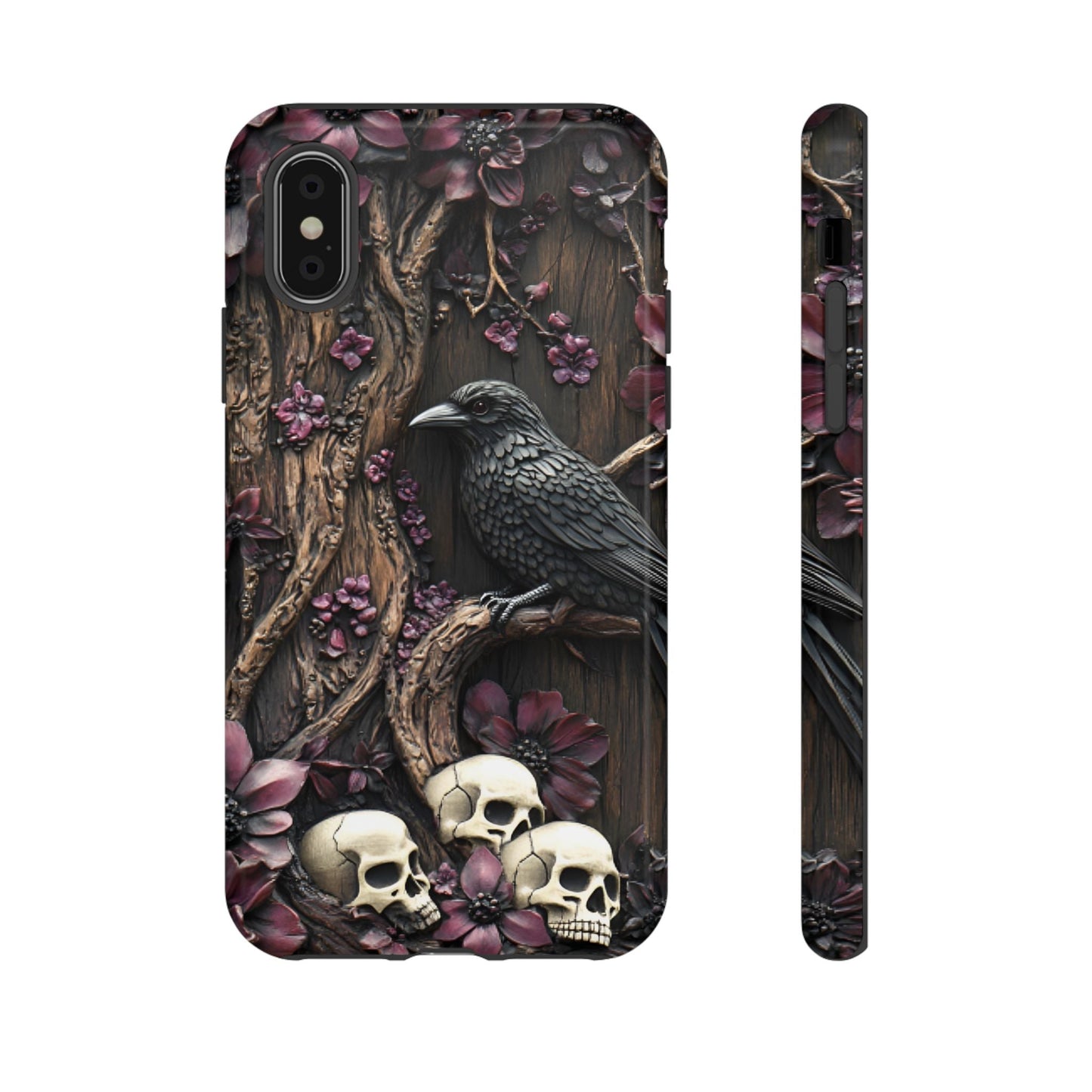 Raven and Skulls Phone Case - Gothic Faux Wood Phone Cases for iPhone 16 15 14 13 12 11, Samsung Galaxy & Google Pixel