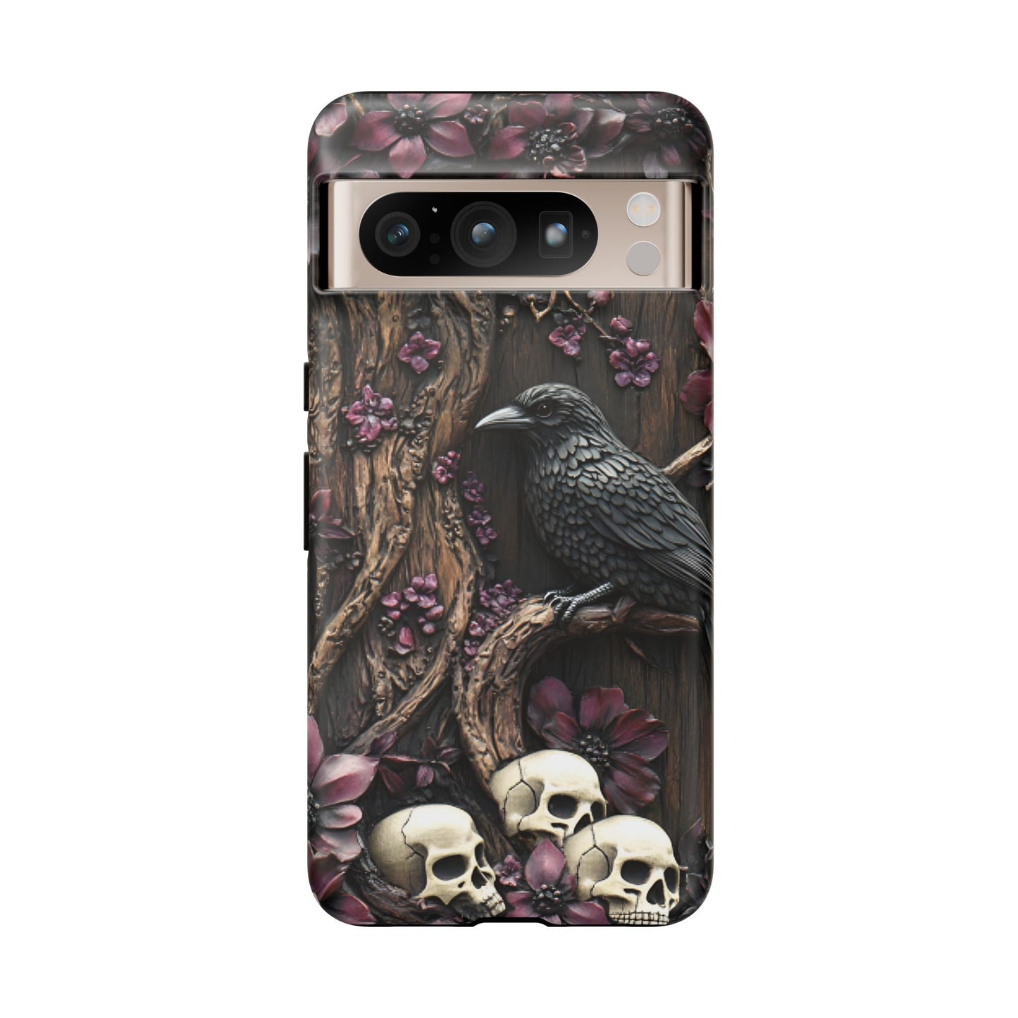 Raven and Skulls Phone Case - Gothic Faux Wood Phone Cases for iPhone 16 15 14 13 12 11, Samsung Galaxy & Google Pixel